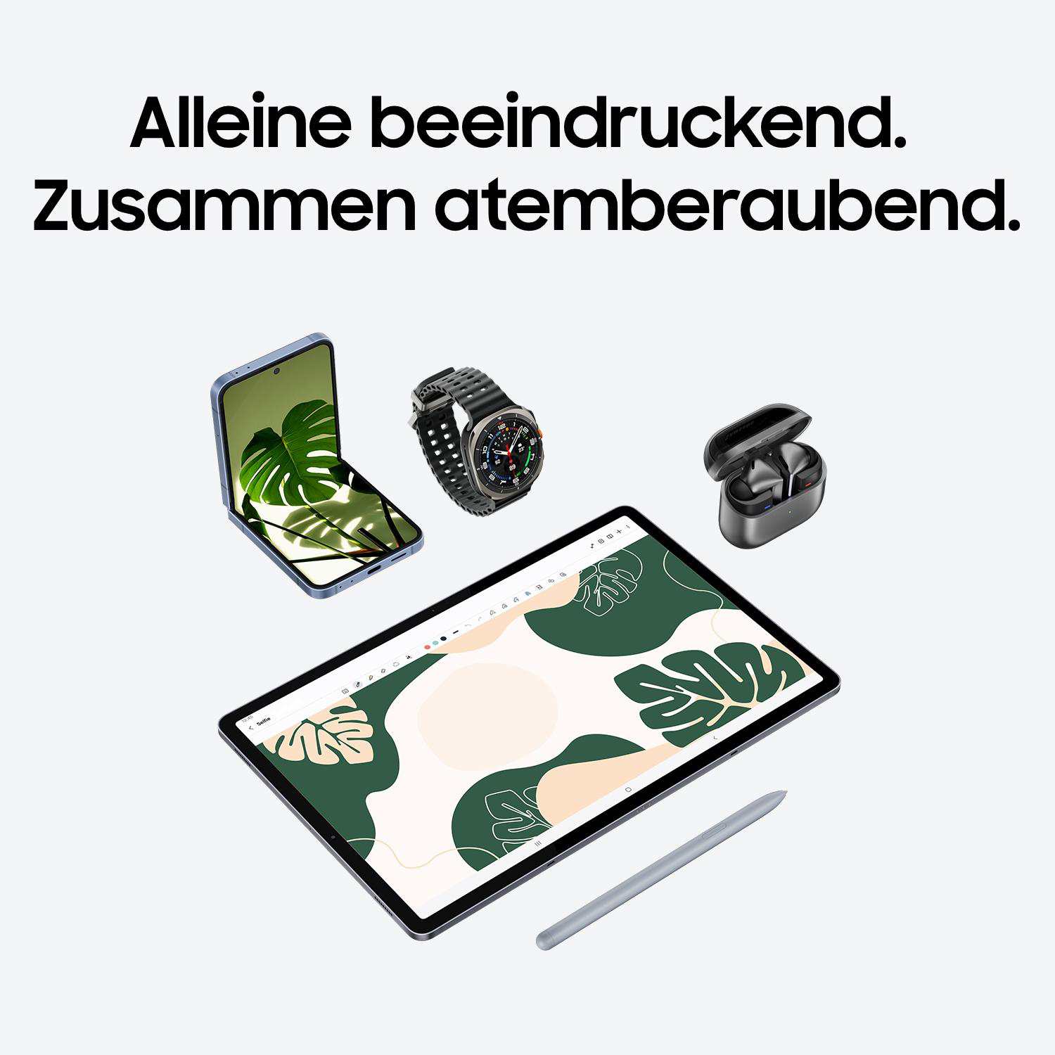 Tablet, Uhr, Ohrhörer und Stift auf Oberfläche. Text oben.