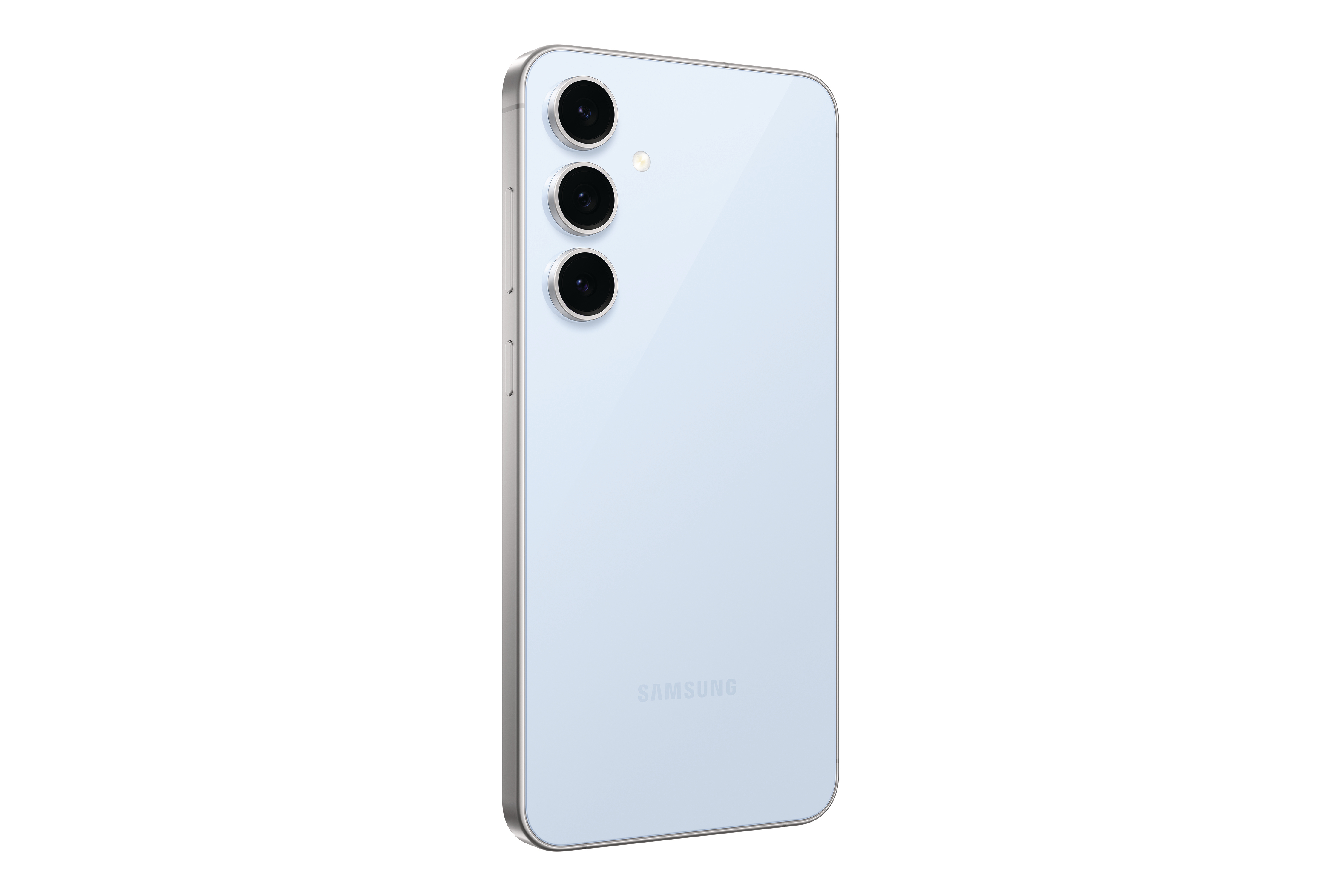 Hellblaue Smartphone-Rückseite mit drei Kameralinsen und dem Samsung-Logo.