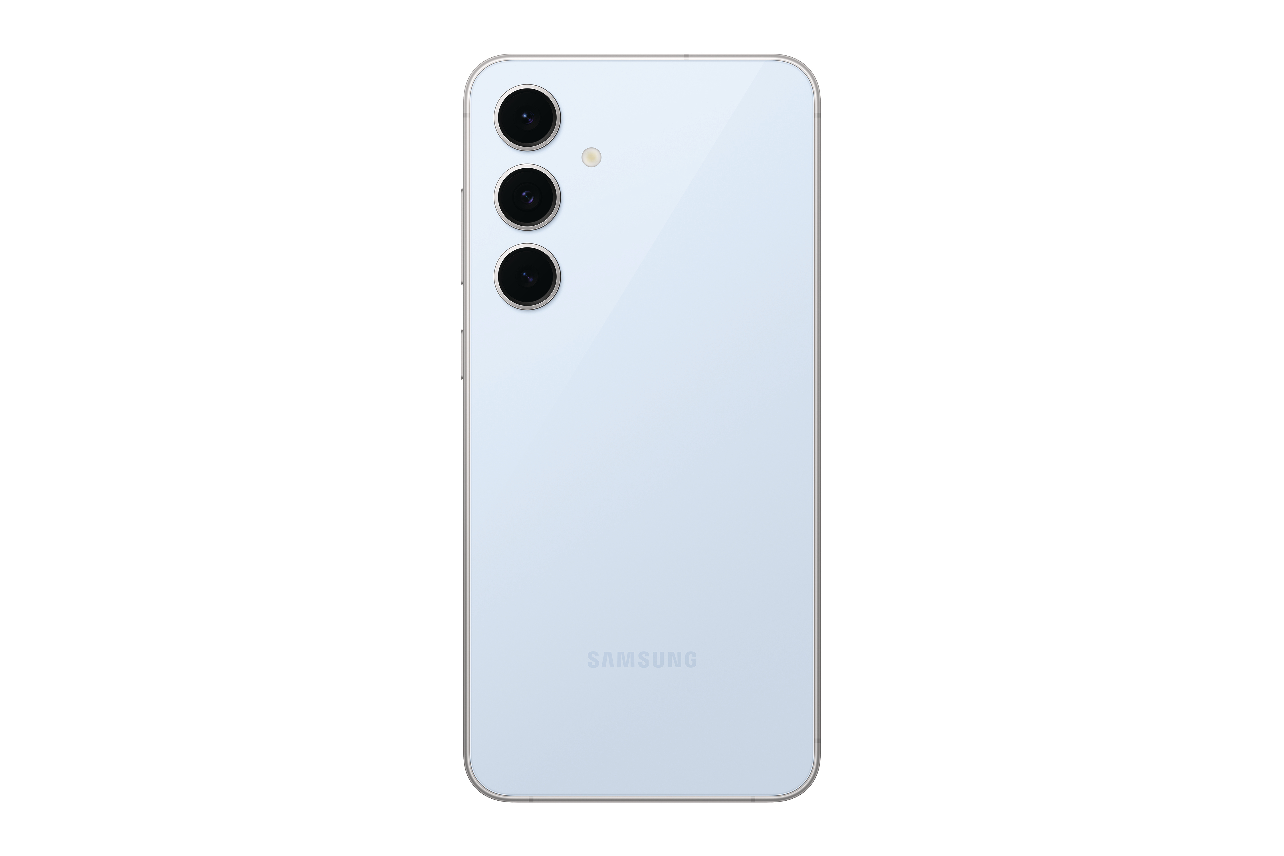 Ein hellblaues Telefon mit drei Rückkameras. Das Samsung-Logo ist auf der Rückseite sichtbar.