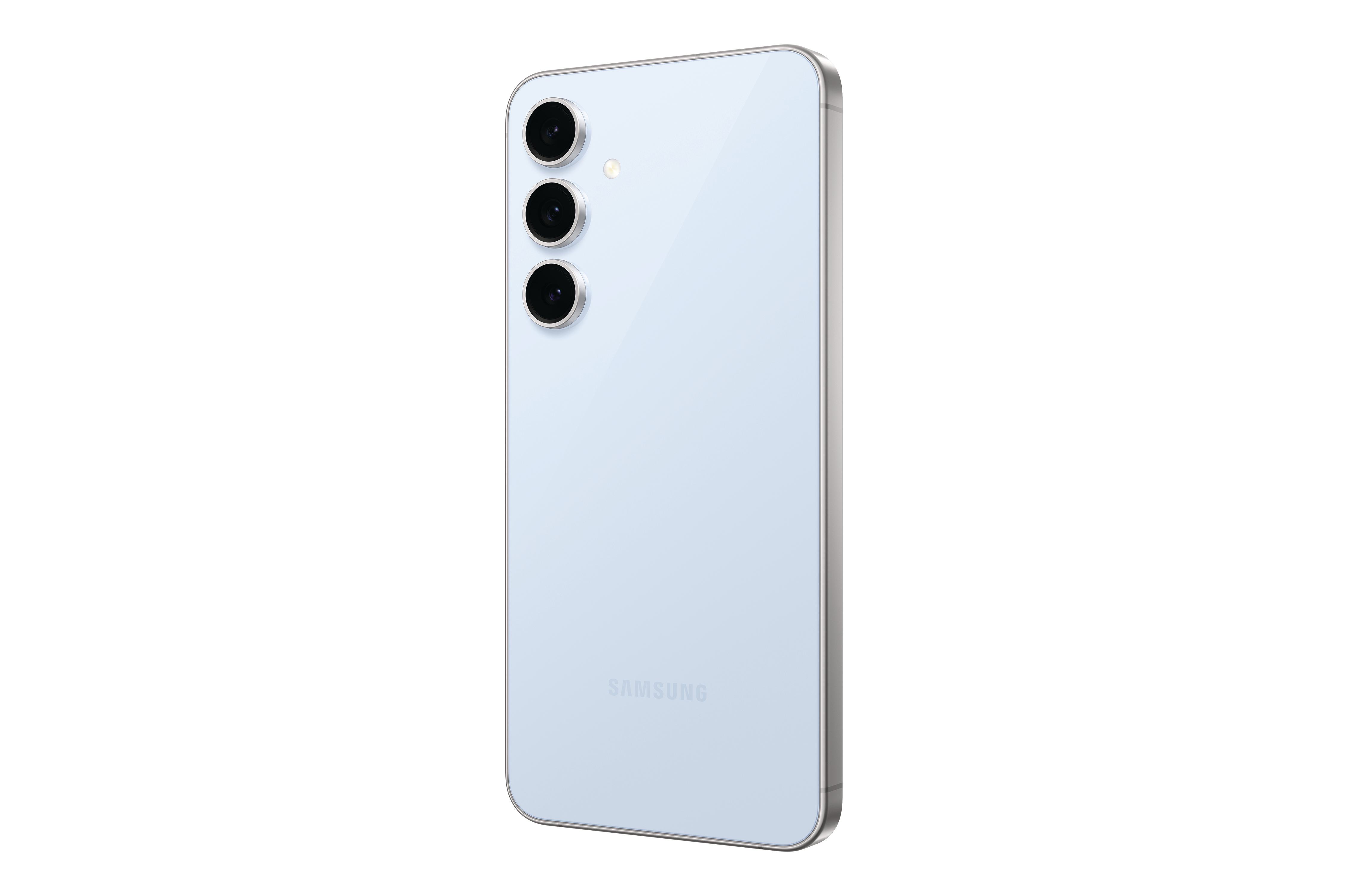 Hellblaues Samsung-Telefon, drei Rückkameras, silberner Rahmen. Weißer Hintergrund.