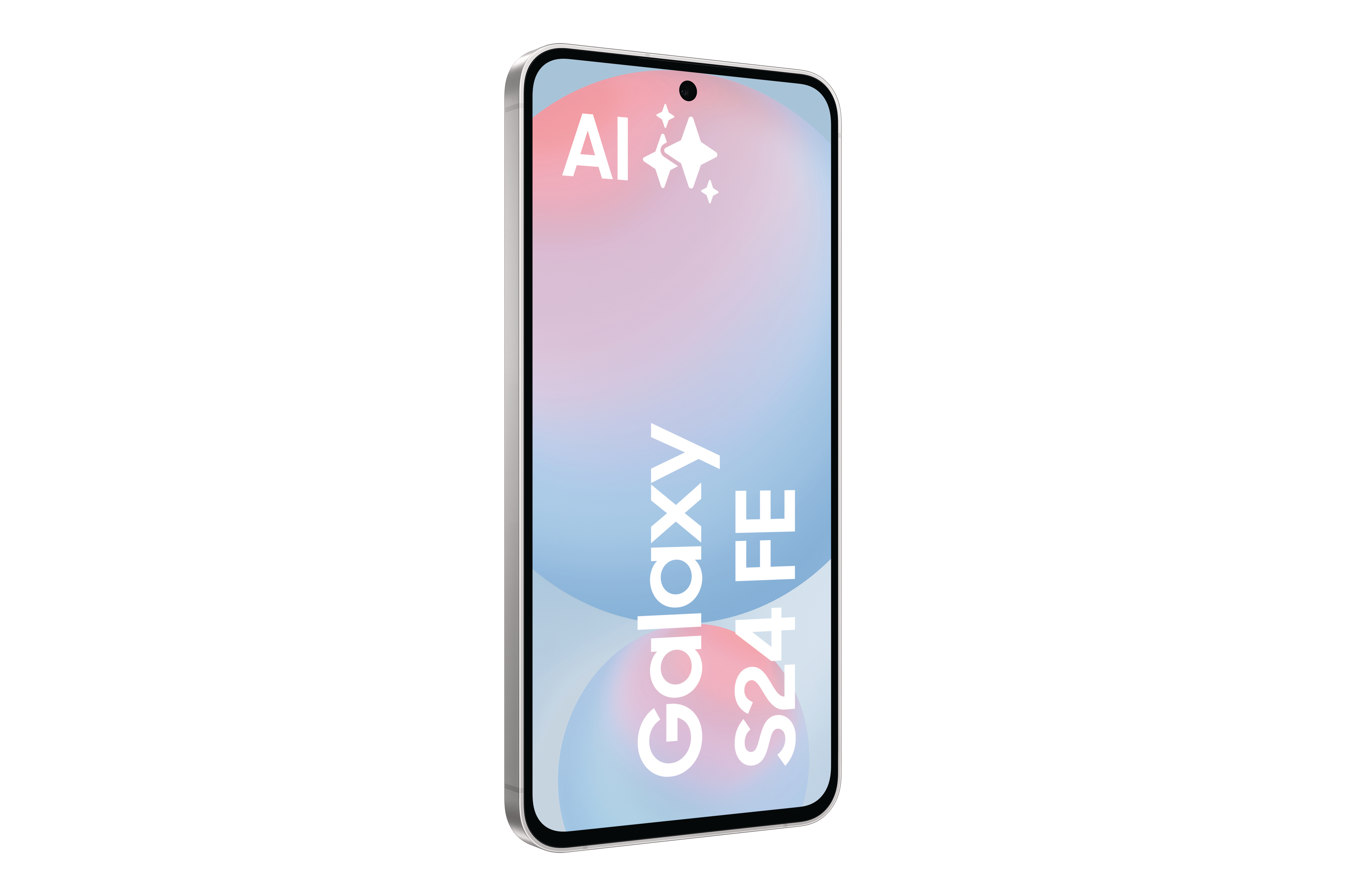 Ein weißes Telefondisplay zeigt 'Galaxy S24 FE' mit AI-Logo.