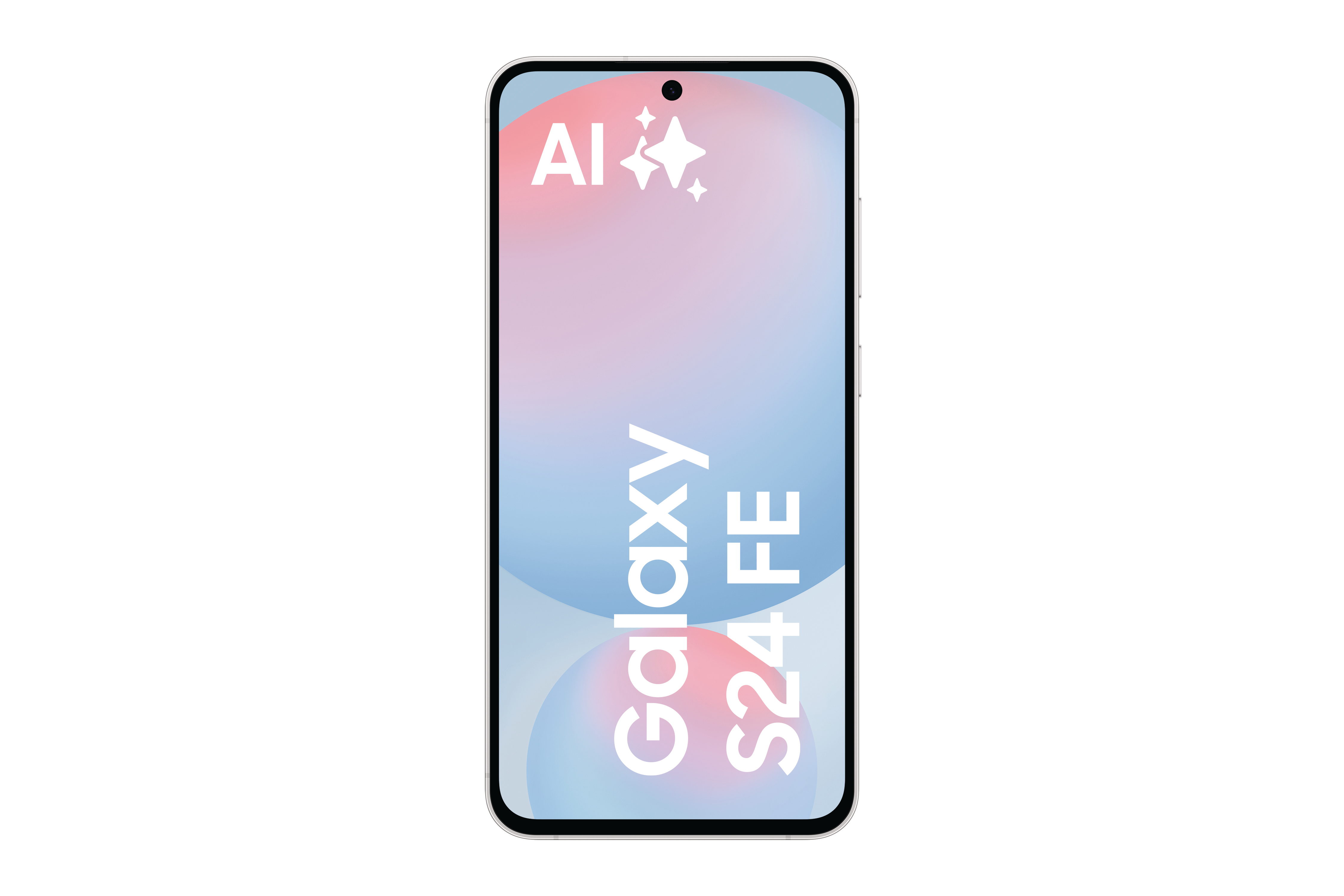 Ein Smartphone mit weißem Rahmen. Es hat einen rosa-blauen Farbverlauf-Bildschirm mit den Worten 'Galaxy S24 FE'.