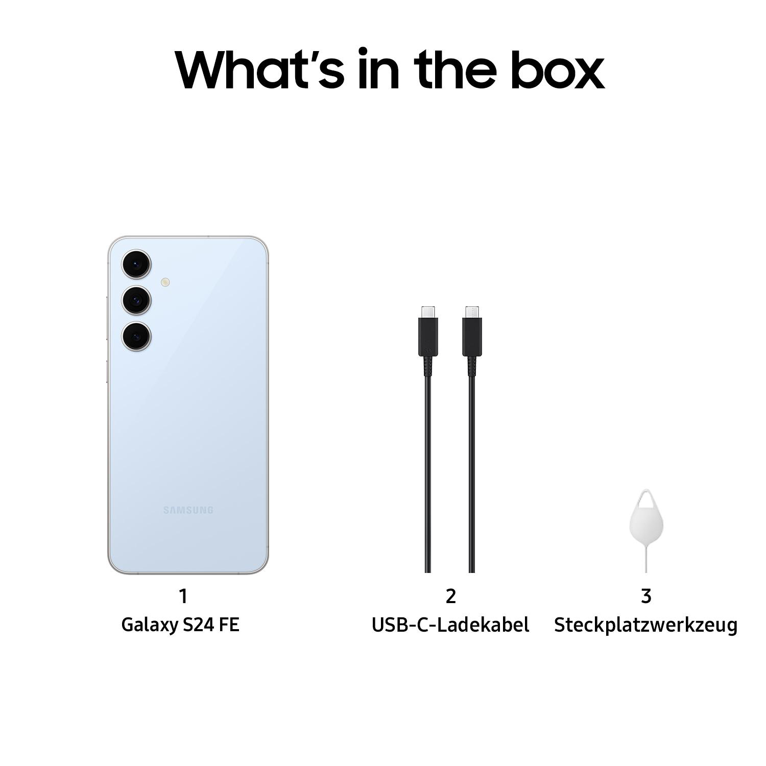 Boxinhalt: Telefon, zwei Ladekabel und SIM-Auswurfwerkzeug, weißer Hintergrund.