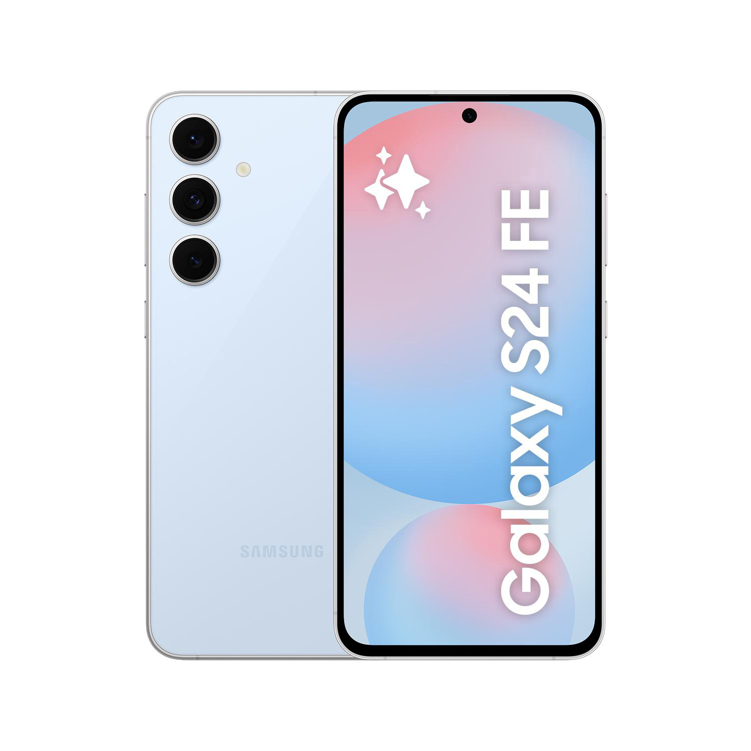 Hellblaues Samsung Galaxy S24 FE Telefon, Vorder- und Rückansicht. Auf weißem Grund.