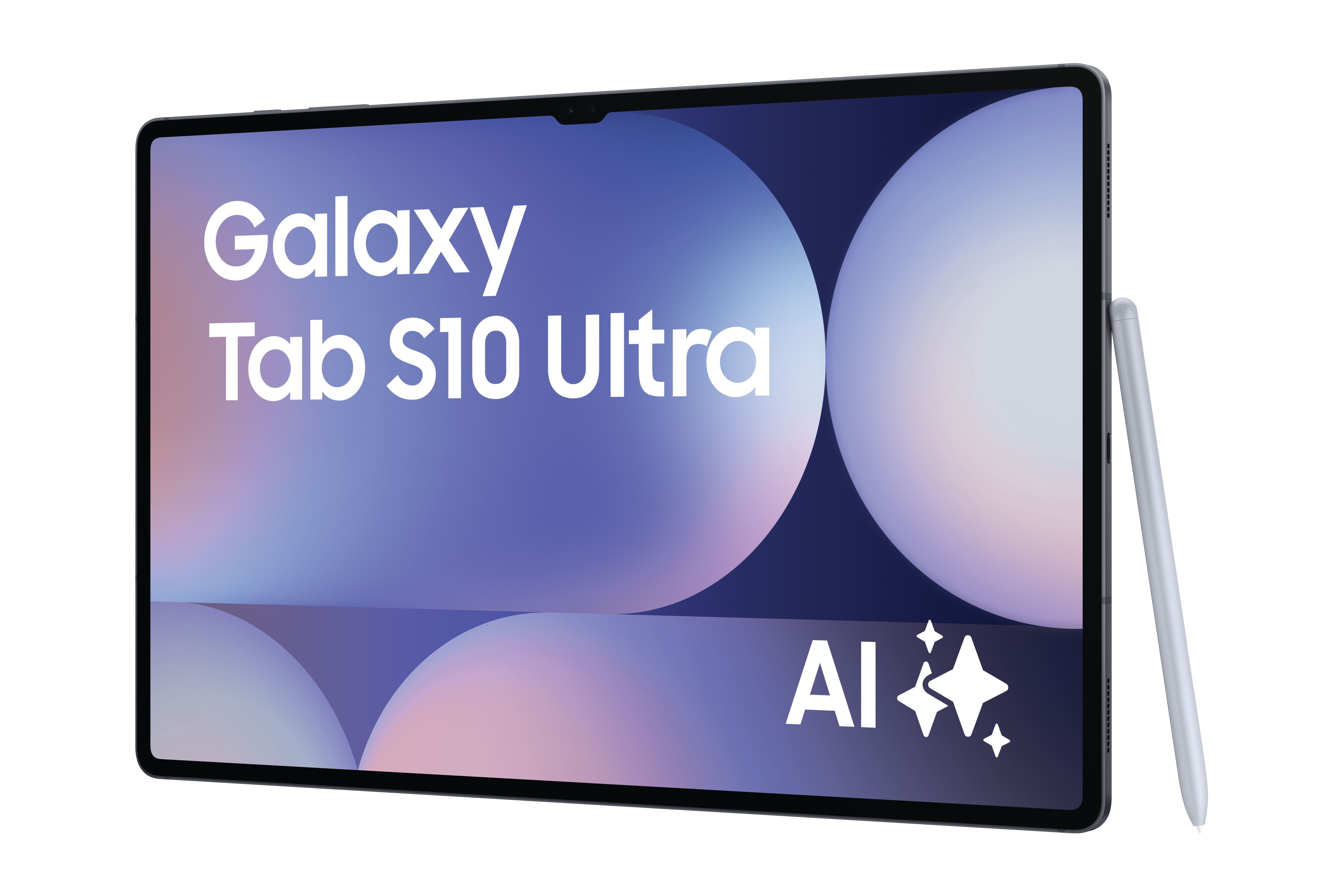Ein Tablet mit den Worten „Galaxy Tab S10 Ultra“ wird angezeigt. Ein Stift liegt daneben. Der Hintergrund zeigt eine Grafik.