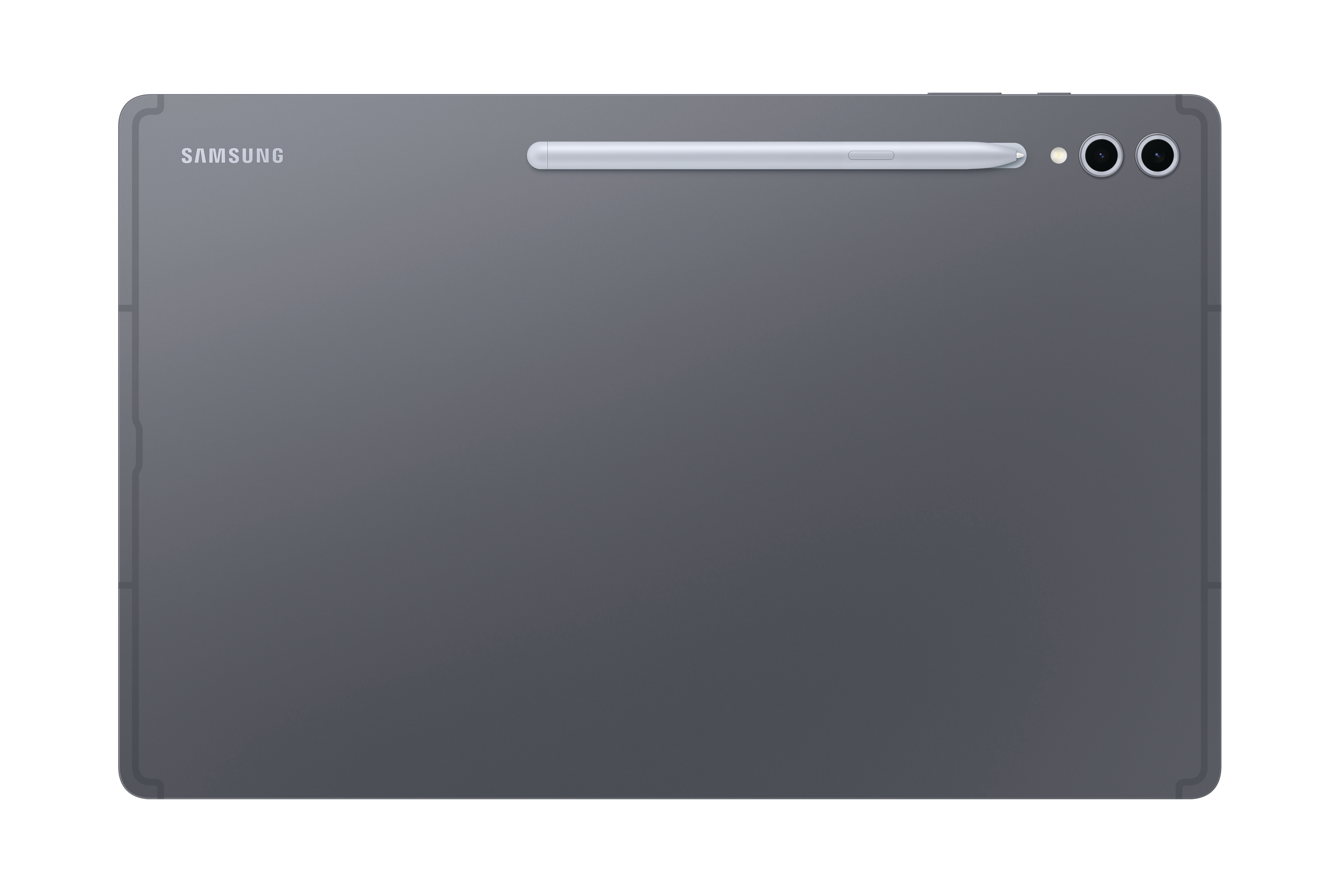 Ein graues Tablet mit einem angebrachten Stift. Der Markenname 'SAMSUNG' ist sichtbar.