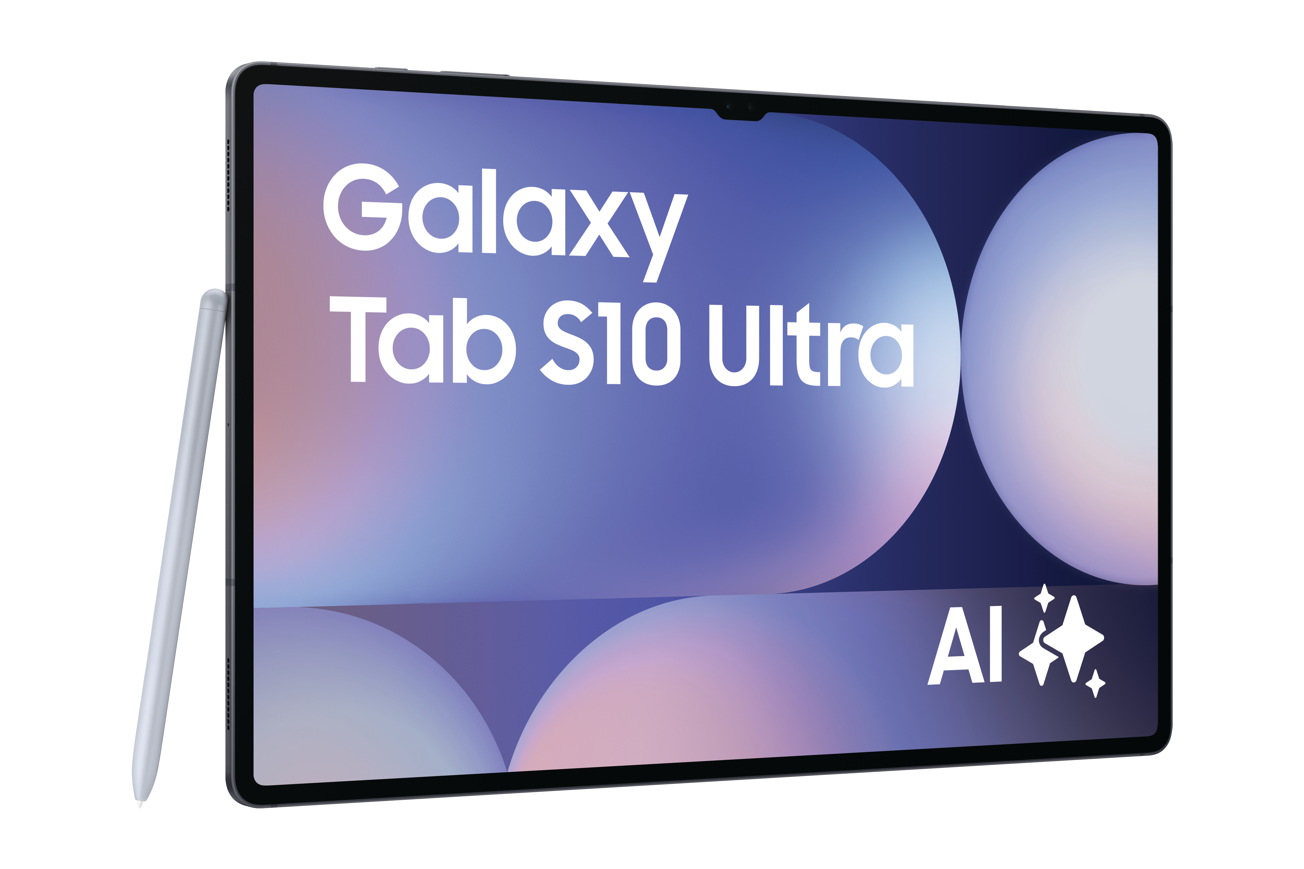 Ein Tablet mit Galaxy Tab S10 Ultra Text und AI auf dem Bildschirm mit einem Stift geschrieben.