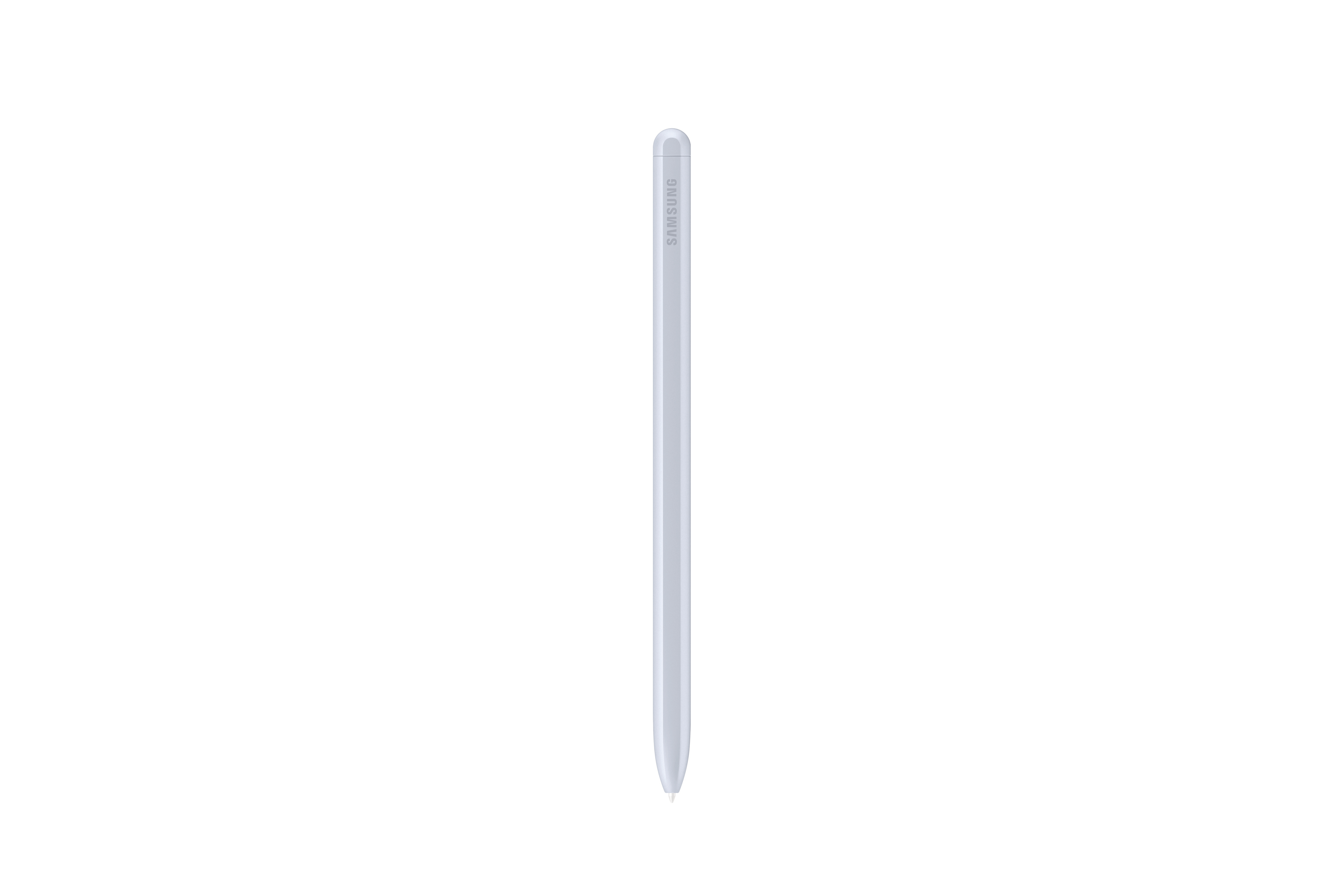 Ein weißer Stylus-Stift vor weißem Hintergrund, aufrecht abgewinkelt.