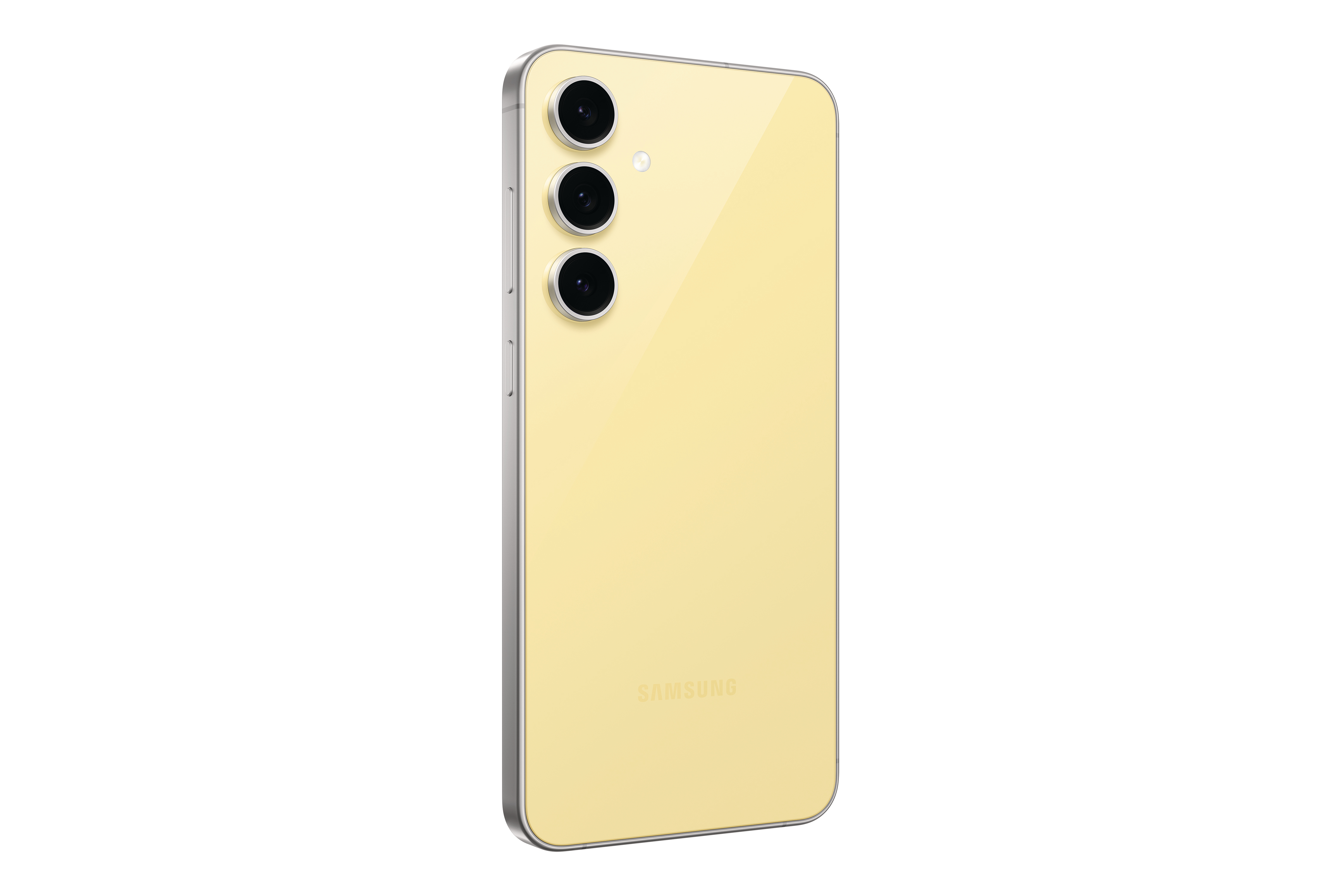 Gelbes Smartphone, Rückseite. Drei Kameras in einer Reihe, silberne Einfassung.