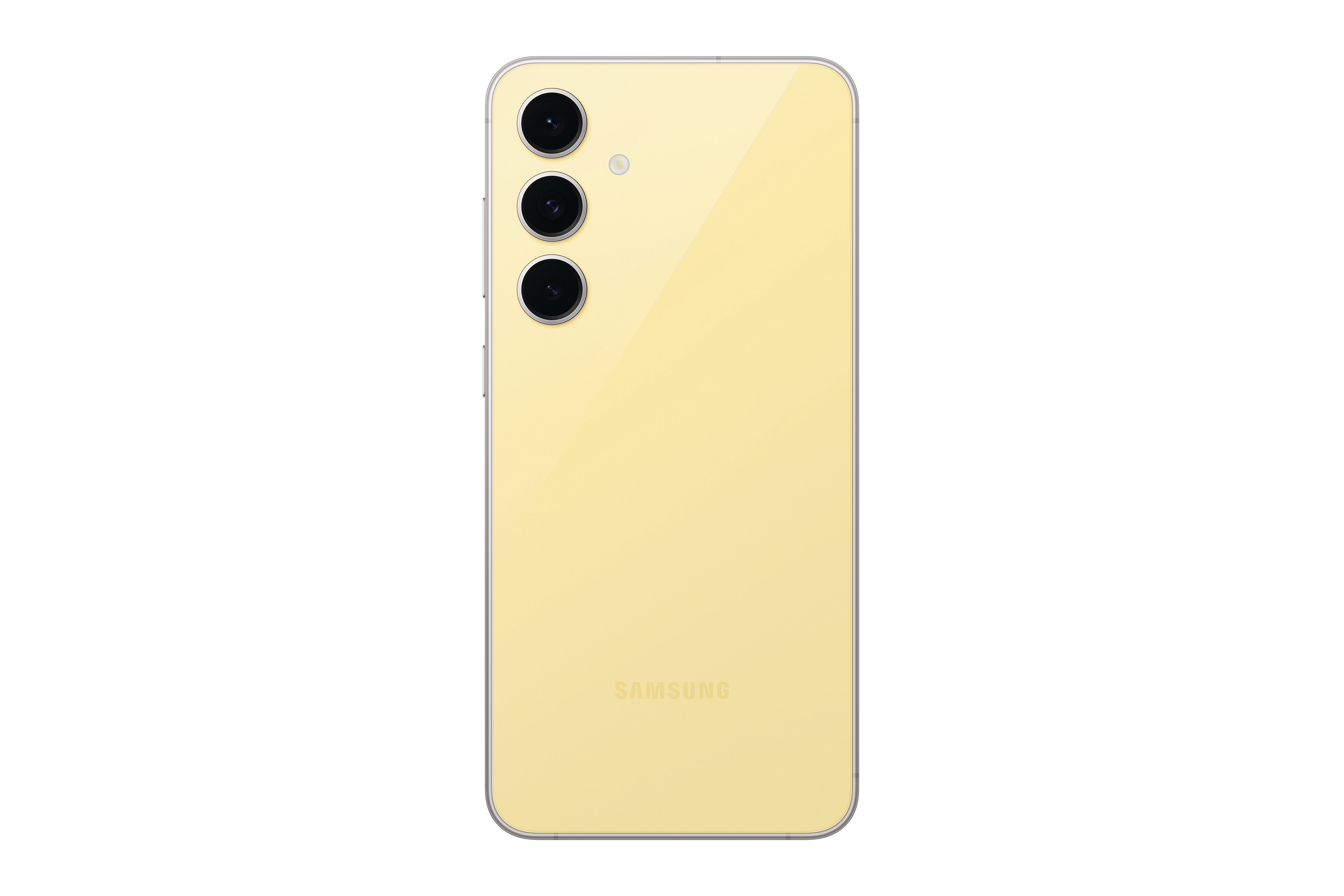 Die Rückseite eines gelben Samsung-Telefons mit drei Kameralinsen, vor weißem Hintergrund.