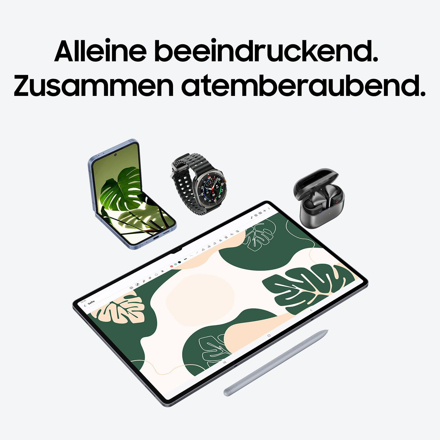 Samsung-Geräte: faltbares Telefon, Uhr, Ohrhörer, Tablet mit Stift, auf weißer Oberfläche.