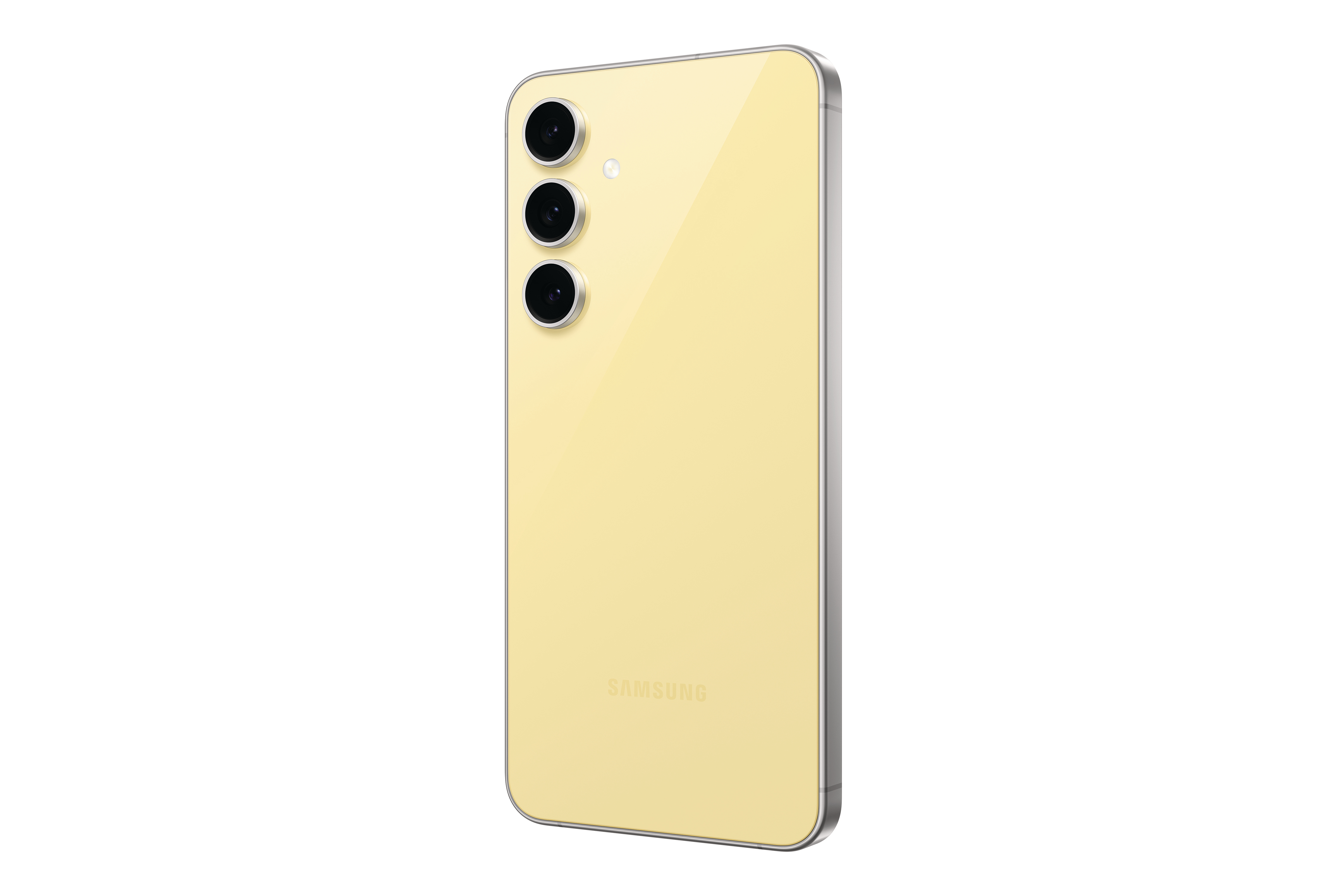 Die Rückseite eines gelben Smartphones mit drei Kameras und dem Samsung-Logo auf weißem Hintergrund.