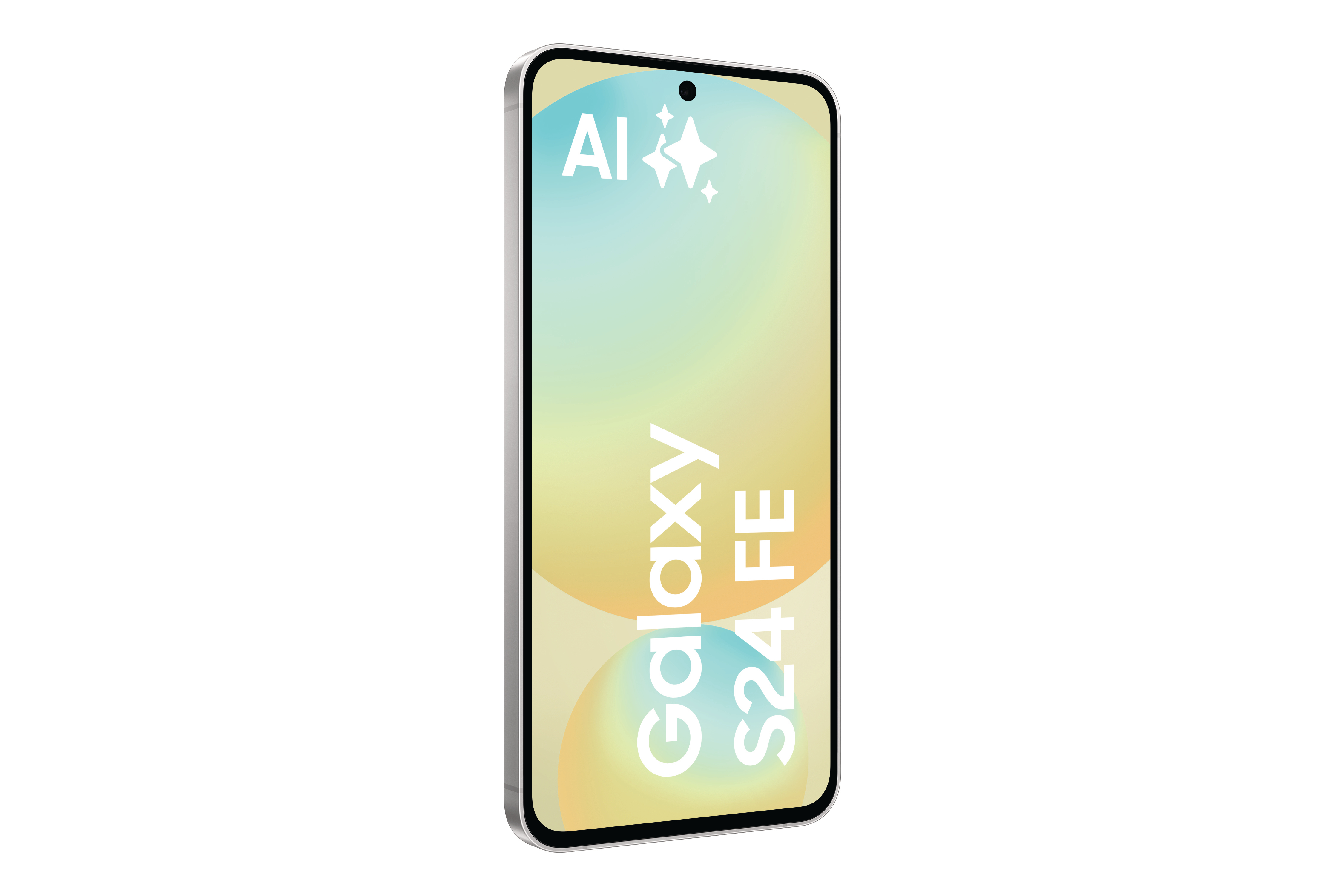Ein Telefon mit Farbverlauf-Bildschirm, AI-Logo und Galaxy S24 FE-Text.