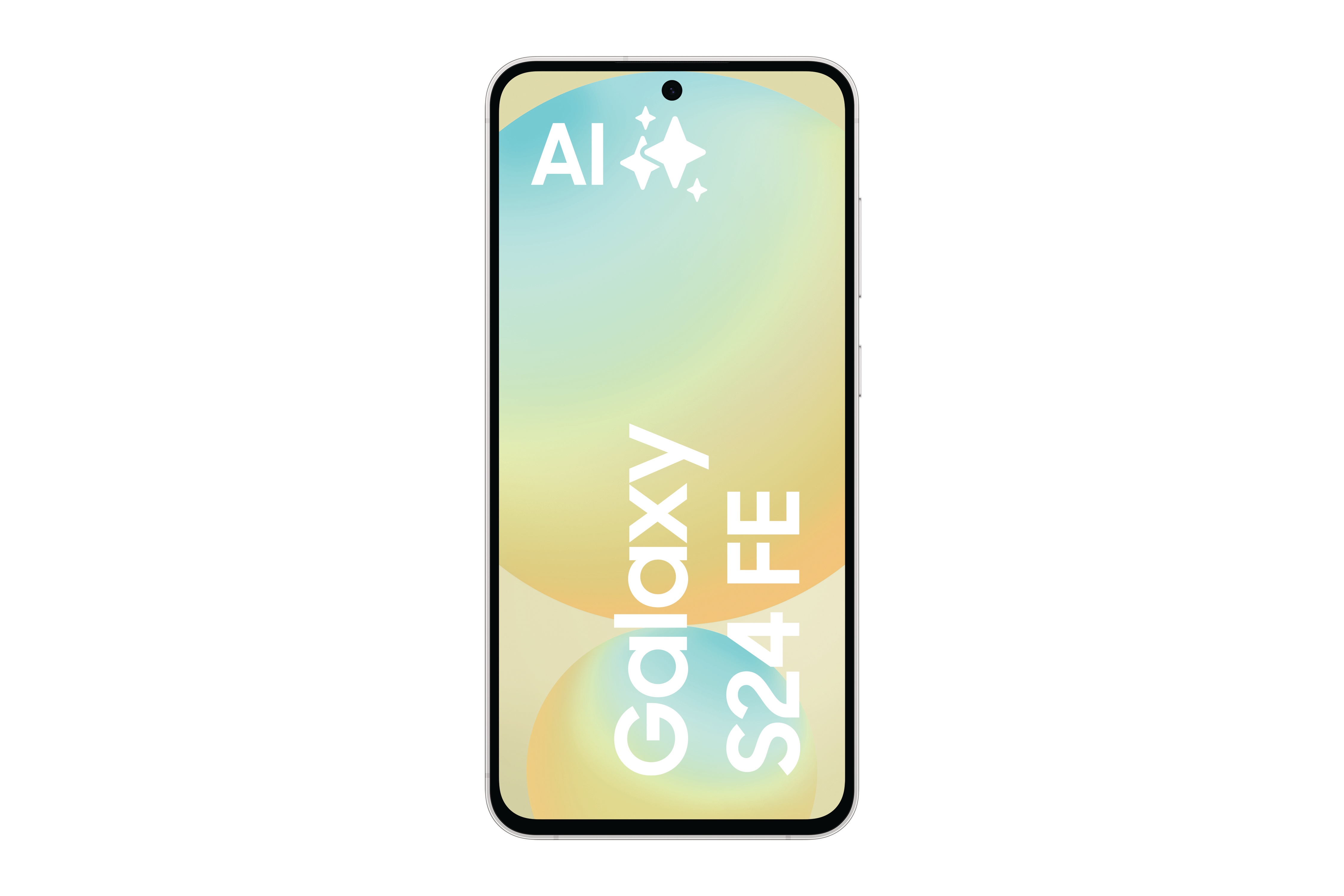 Ein Telefon mit Farbverlauf-Bildschirm, AI-Logo und Galaxy S24 FE-Text.