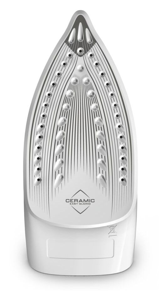 Egy fehér vasalótalp közeli képe perforációkkal és a 'CERAMIC EASY GLIDING' felirattal.
