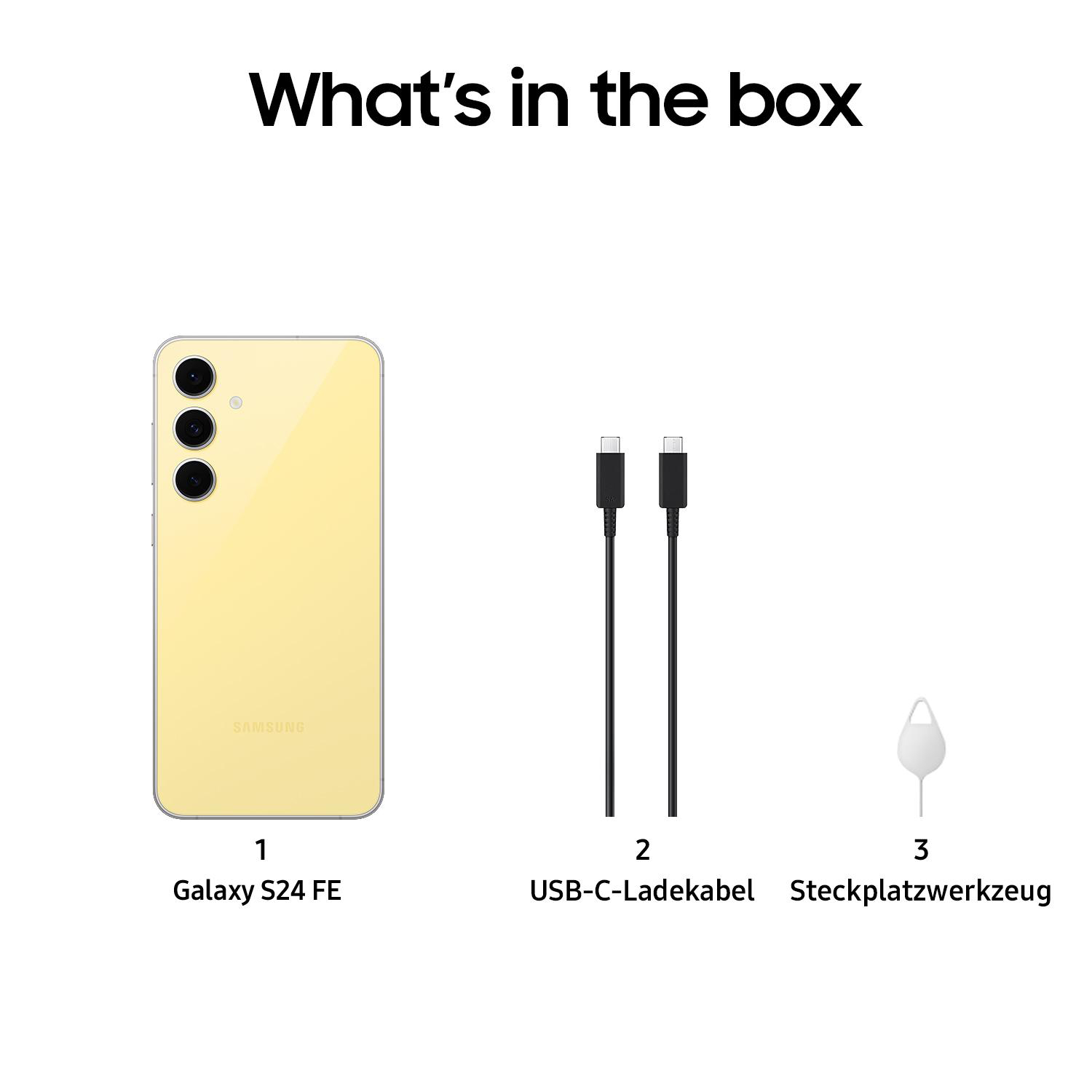 Kartoninhalt: gelbes Galaxy S24 FE Telefon, USB-C-Kabel und SIM-Tool.