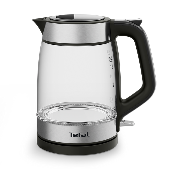 Egy fekete-ezüst Tefal vízforraló átlátszó üvegtesttel, fehér háttér előtt.