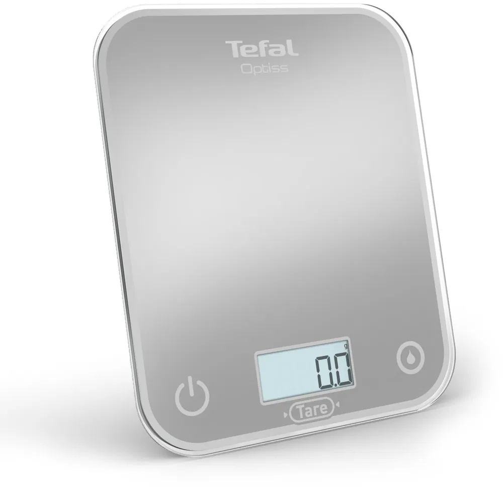 Ezüst Tefal Optiss mérleg 0,0-t mutató digitális kijelzővel, fehér háttér előtt.