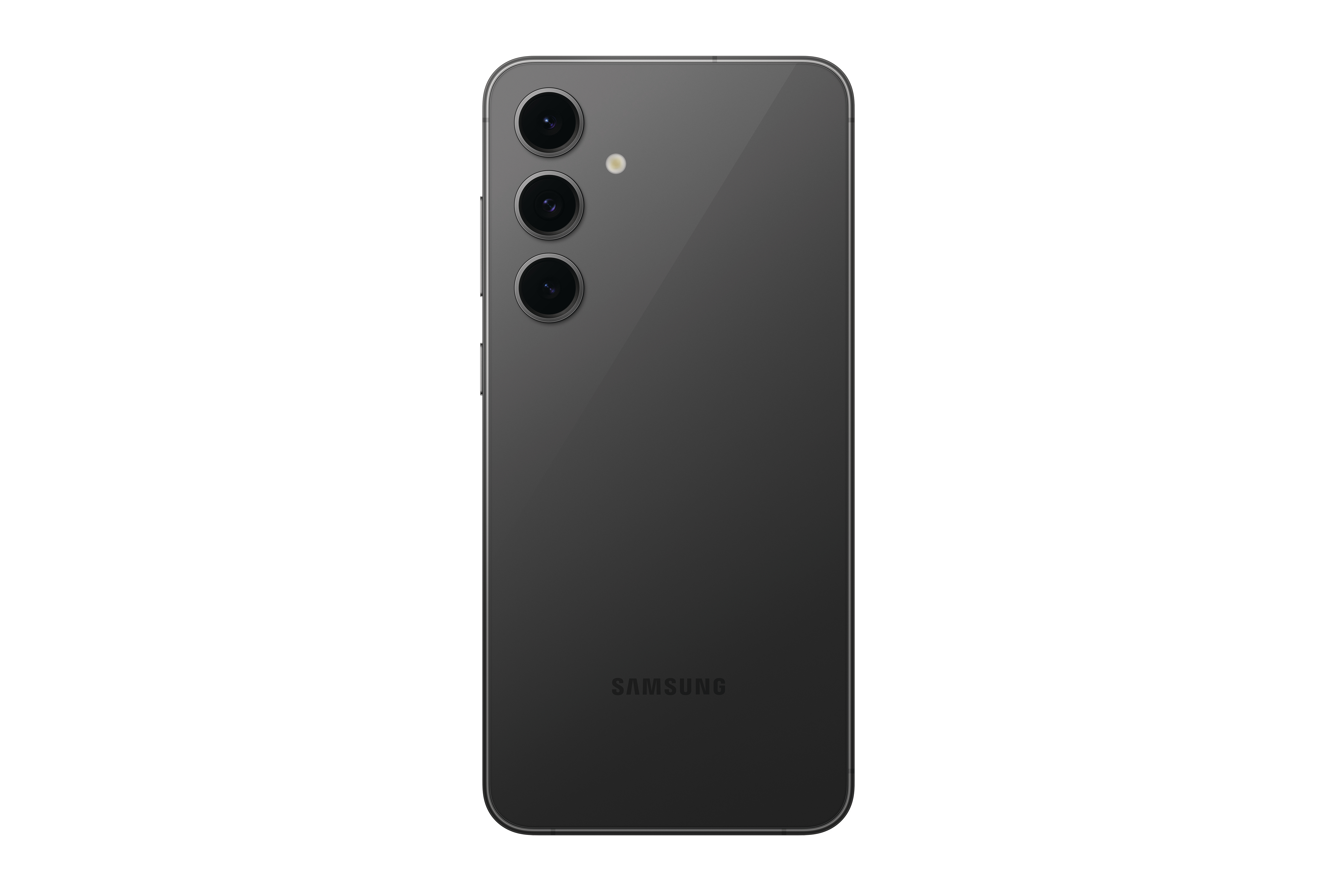 Schwarzes Smartphone, zeigt die Rückseite mit drei Kameras und dem Samsung-Logo.