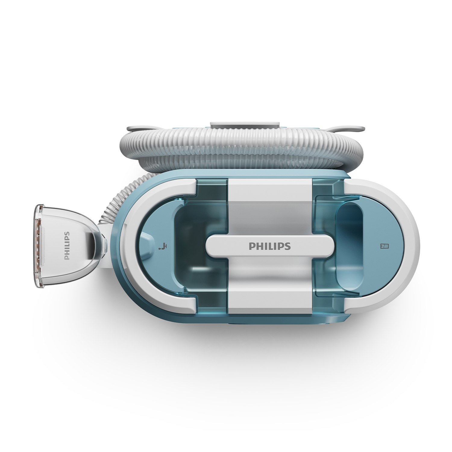 Dispositivo per la terapia del sonno Philips, bianco e blu, vista dall'alto su sfondo bianco.