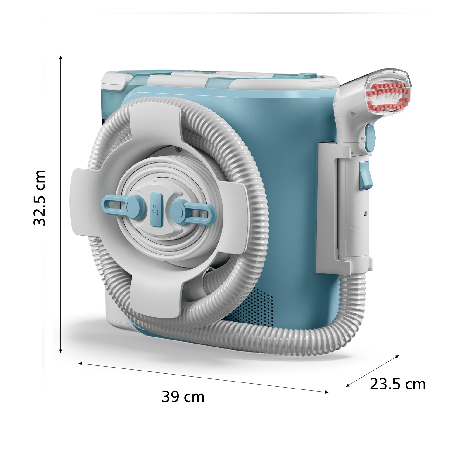 Aspirapolvere blu e bianco con dimensioni. Sfondo bianco.
