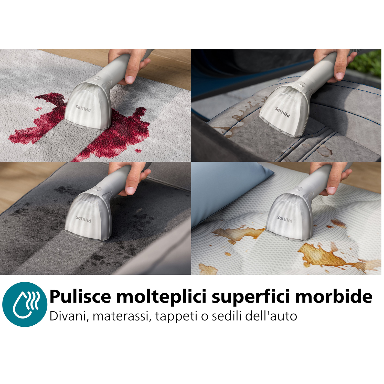 Quattro immagini mostrano un pulitore portatile che rimuove le macchie. Testo: 'Pulisce più superfici morbide'.