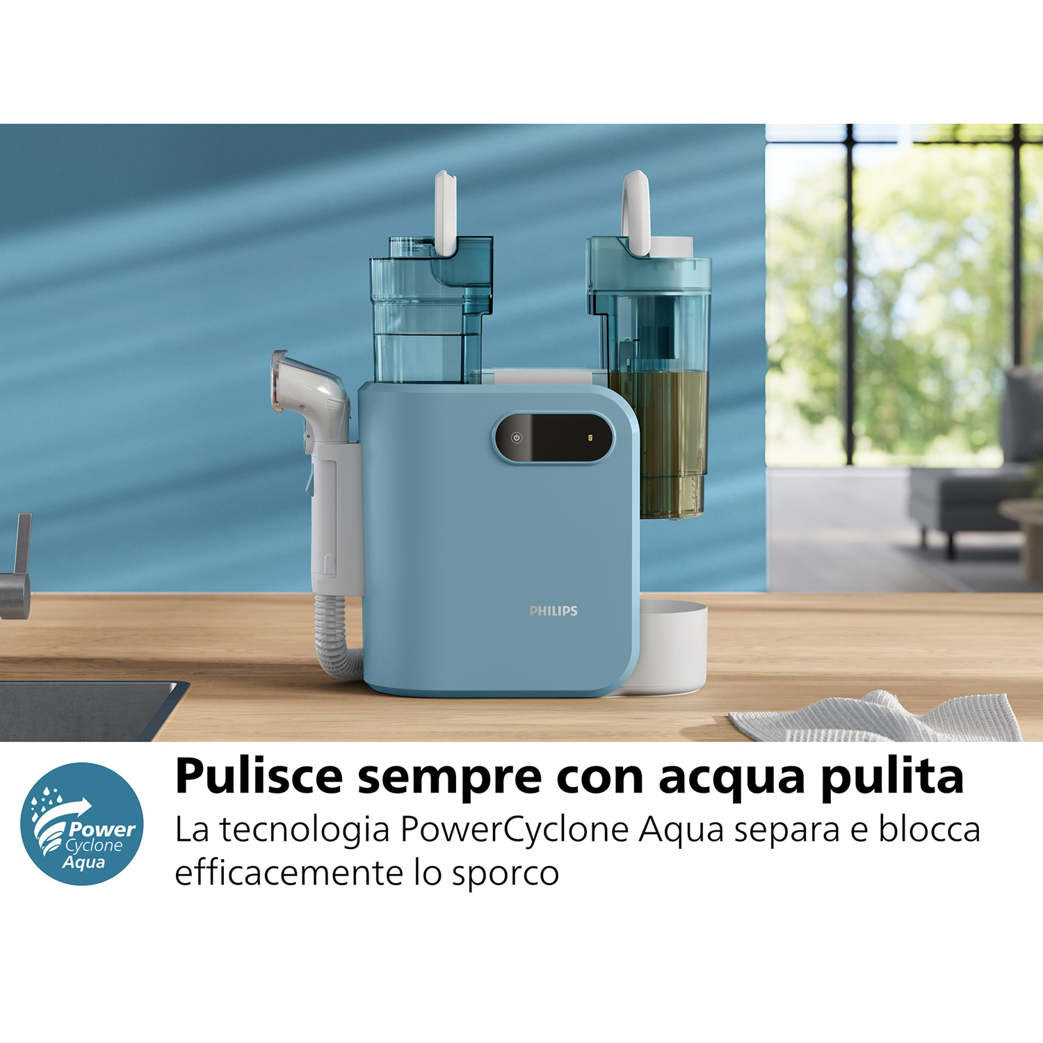 Un aspirapolvere blu e bianco su un tavolo di legno, con sfondo blu.