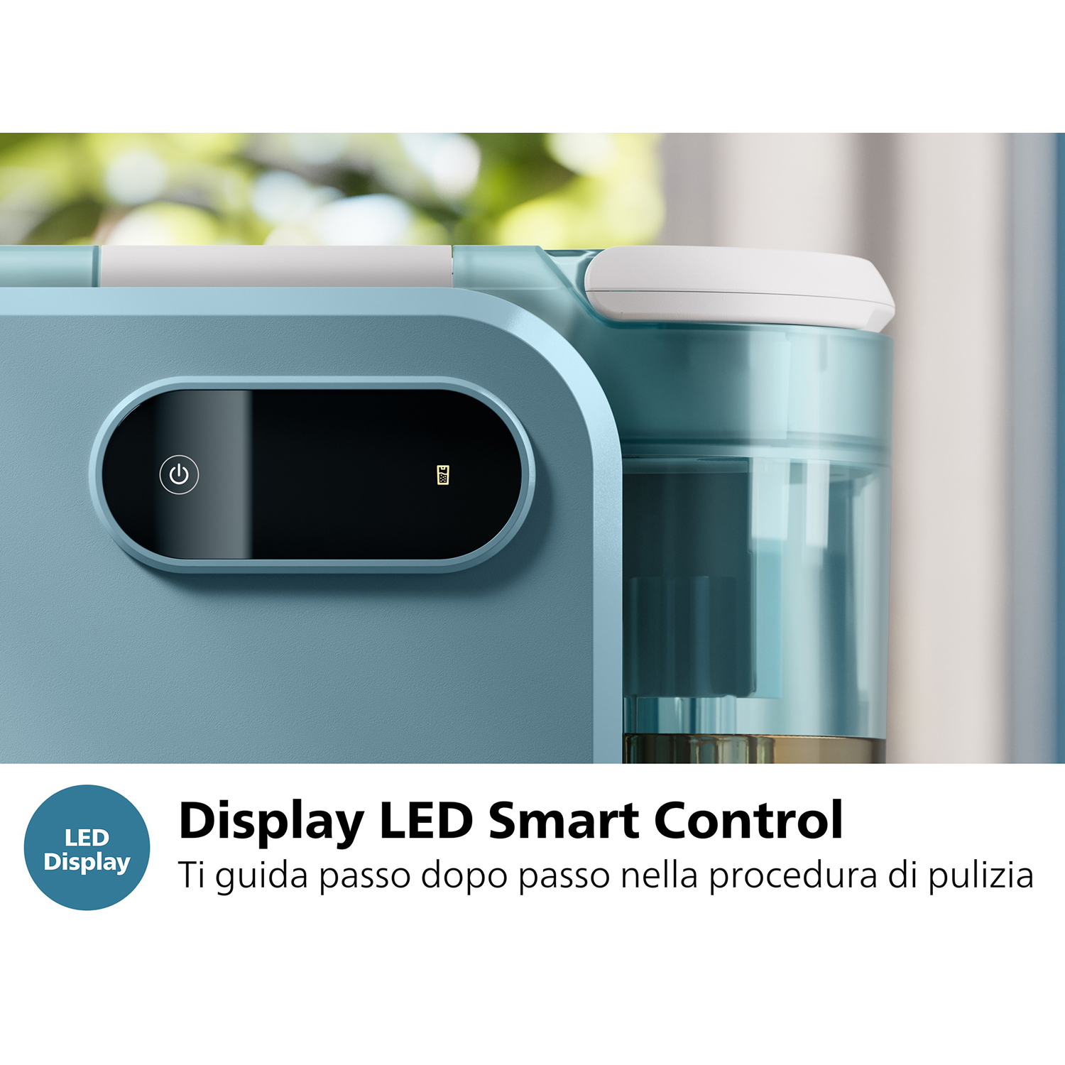 Elettrodomestico blu e bianco, pannello di controllo con pulsante di accensione e display LED, testo sovrapposto.