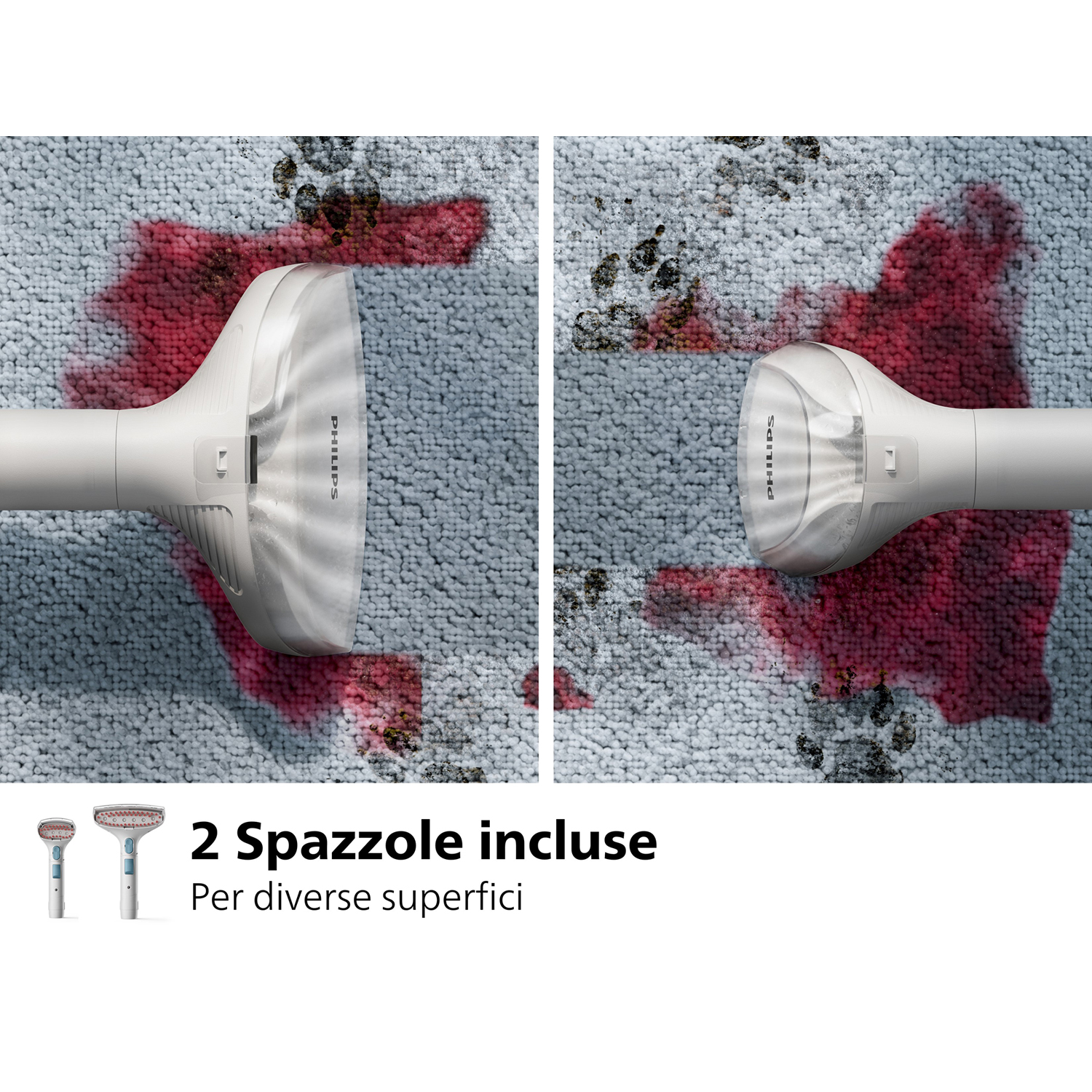 Aspirapolvere che pulisce una macchia rossa su un tappeto. Due ugelli.