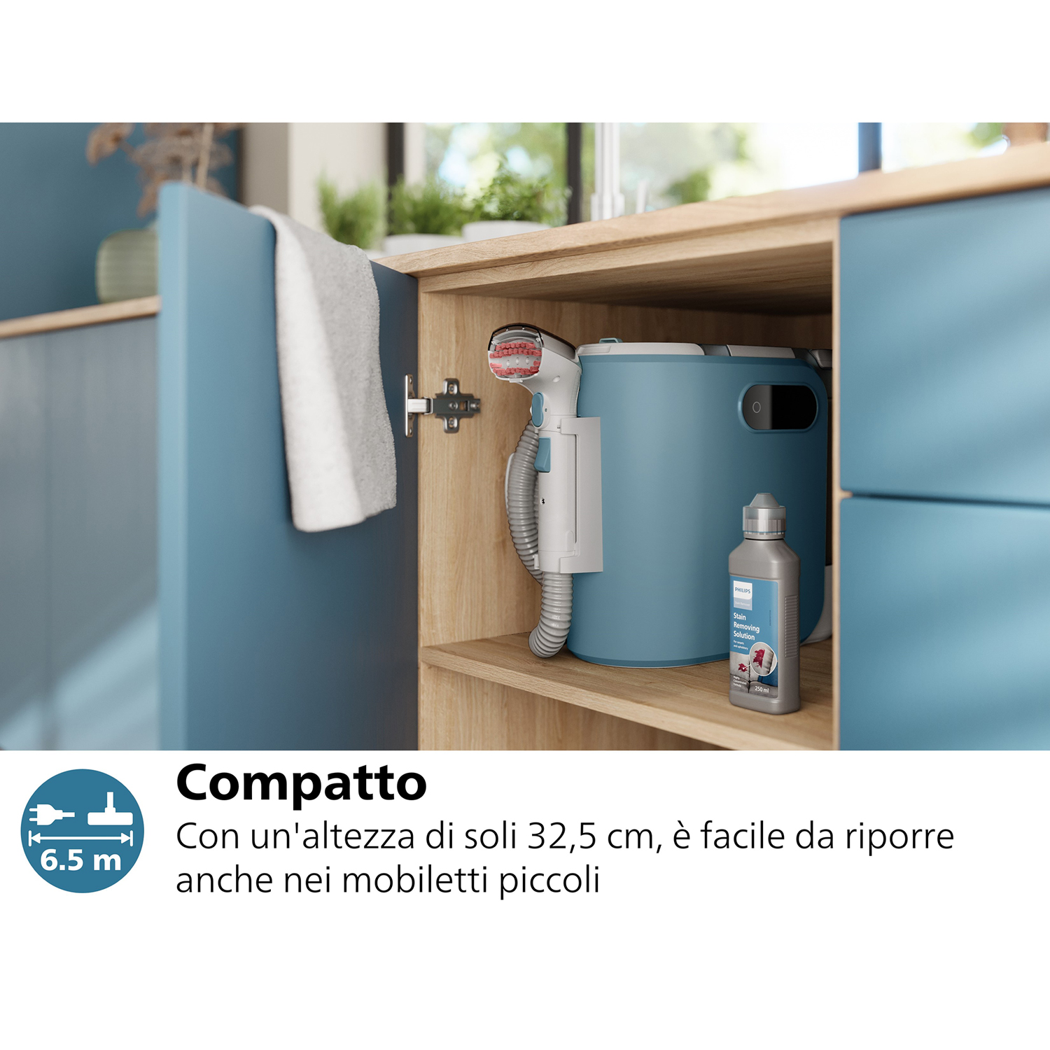 Mobile blu con dispositivo di pulizia all'interno, testo "Compatto" e informazioni misure.