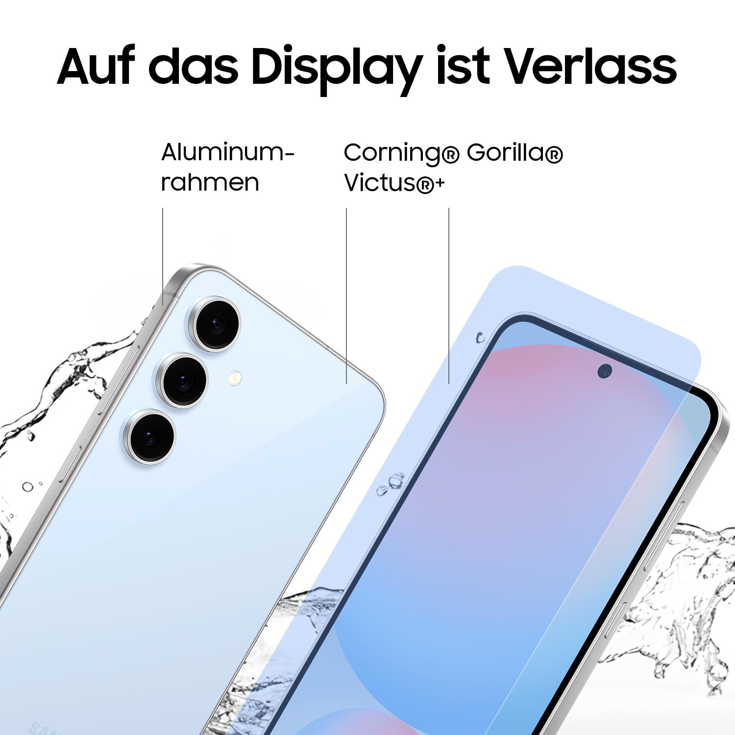 Ein hellblaues Telefon mit angebrachter Displayschutzfolie, Text zum Telefon.