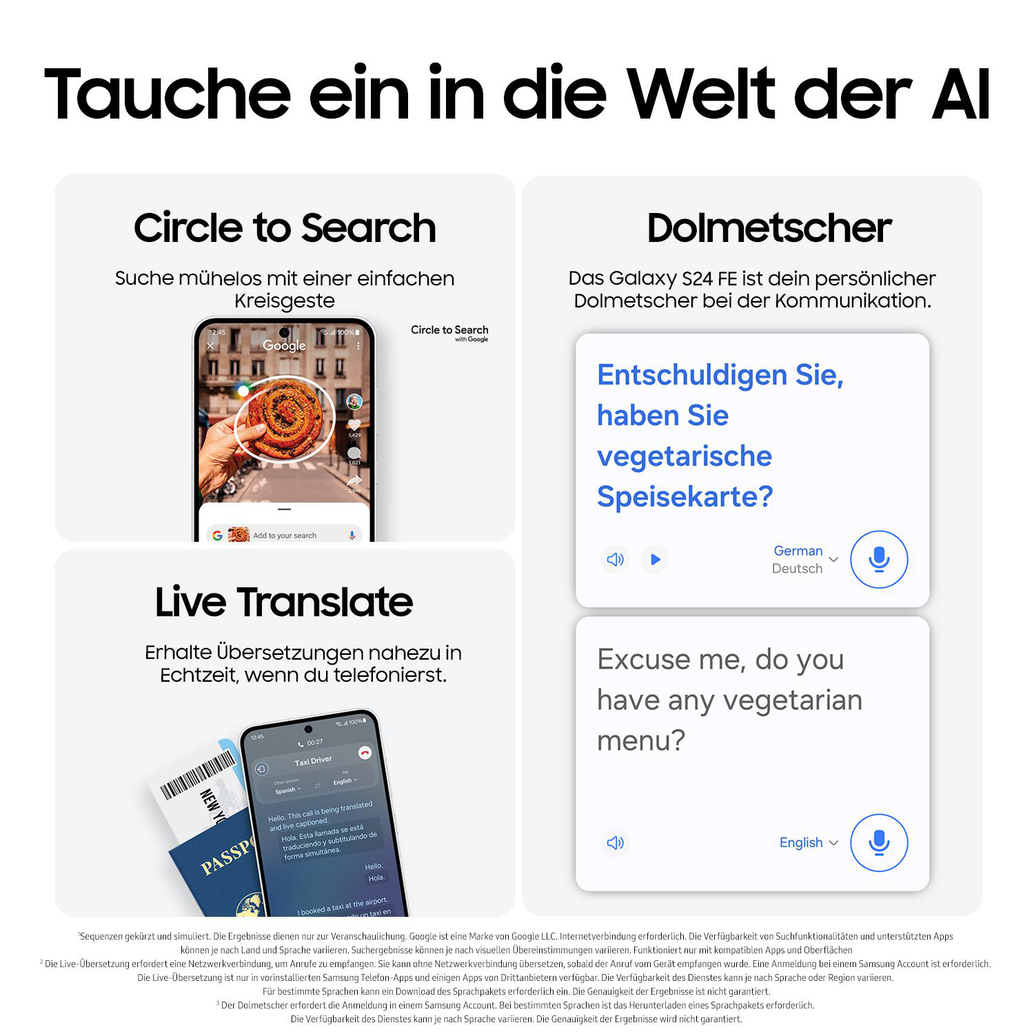 Samsung-Anzeige: Text, Google Translate, Dialogfelder, Englisch und Deutsch.