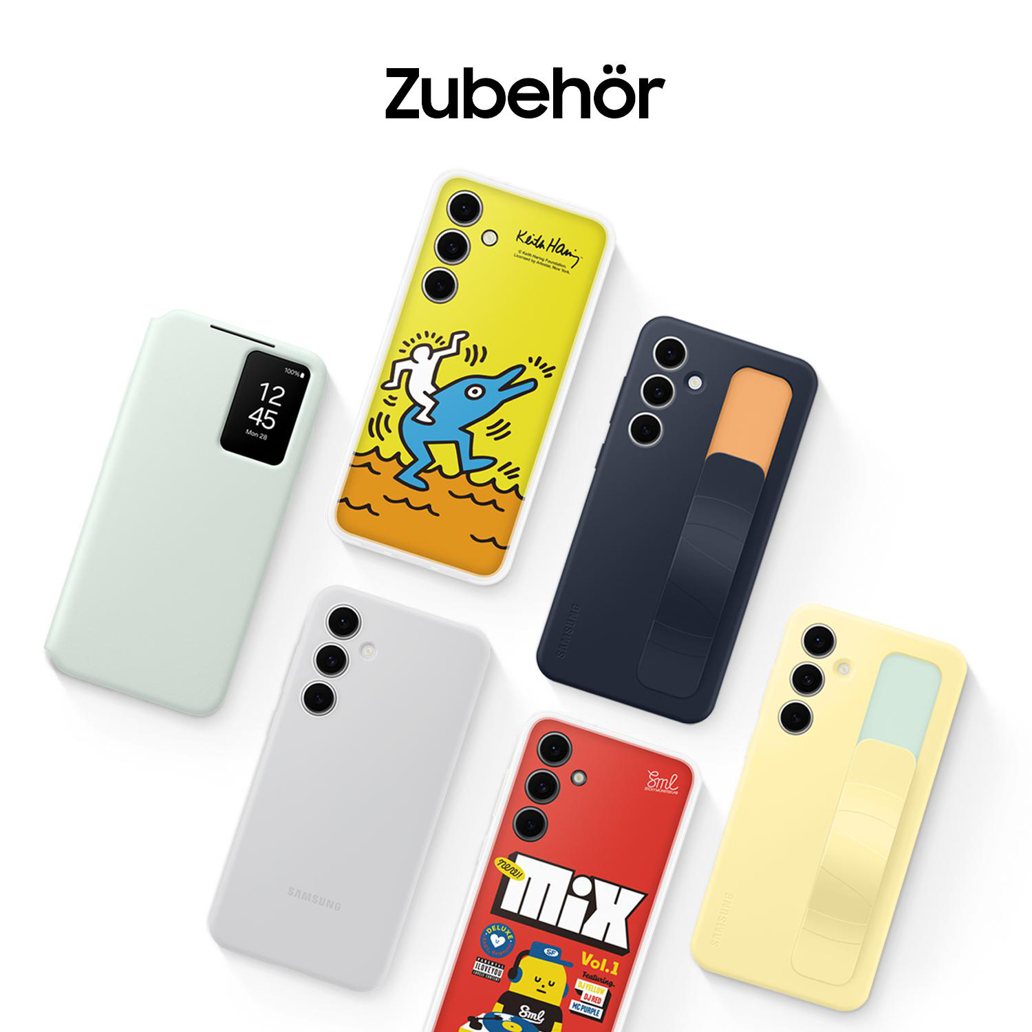 Sammlung von Handyhüllen mit verschiedenen Designs auf weißer Oberfläche, oben steht 'Zubehör'.