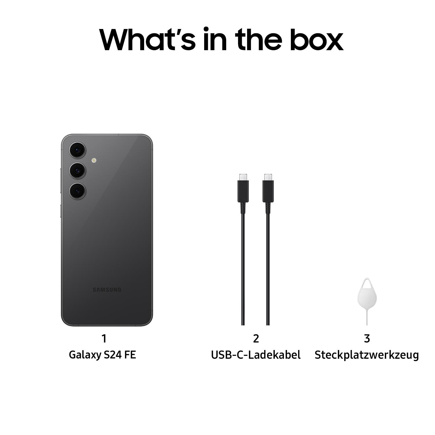 Packungsinhalt: Samsung Galaxy S24 FE, USB-C-Kabel und SIM-Karten-Auswurfwerkzeug.