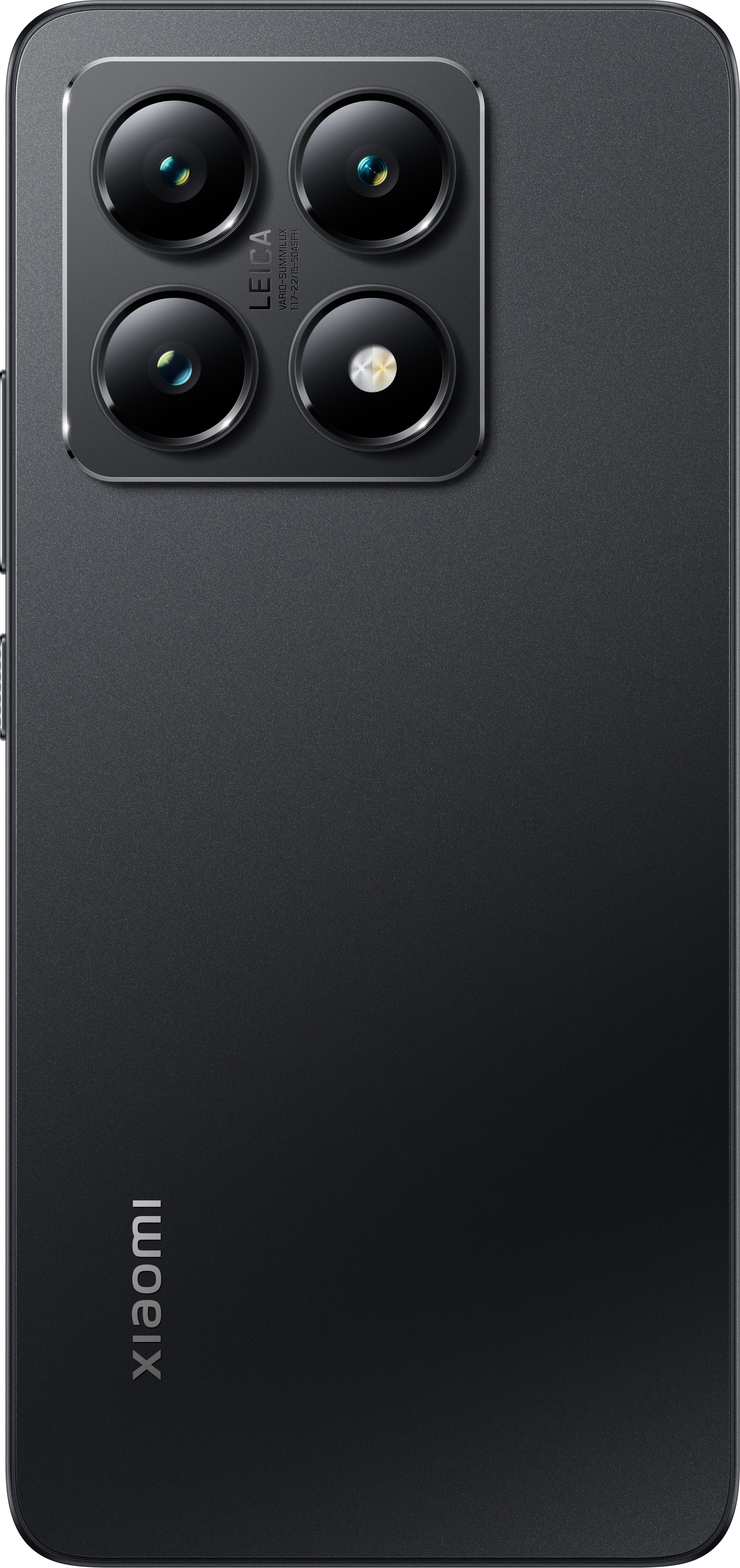 Rückseite des schwarzen Smartphones mit vier Kameralinsen und Leica-Branding. Schwarzer Hintergrund. Xiaomi-Logo.