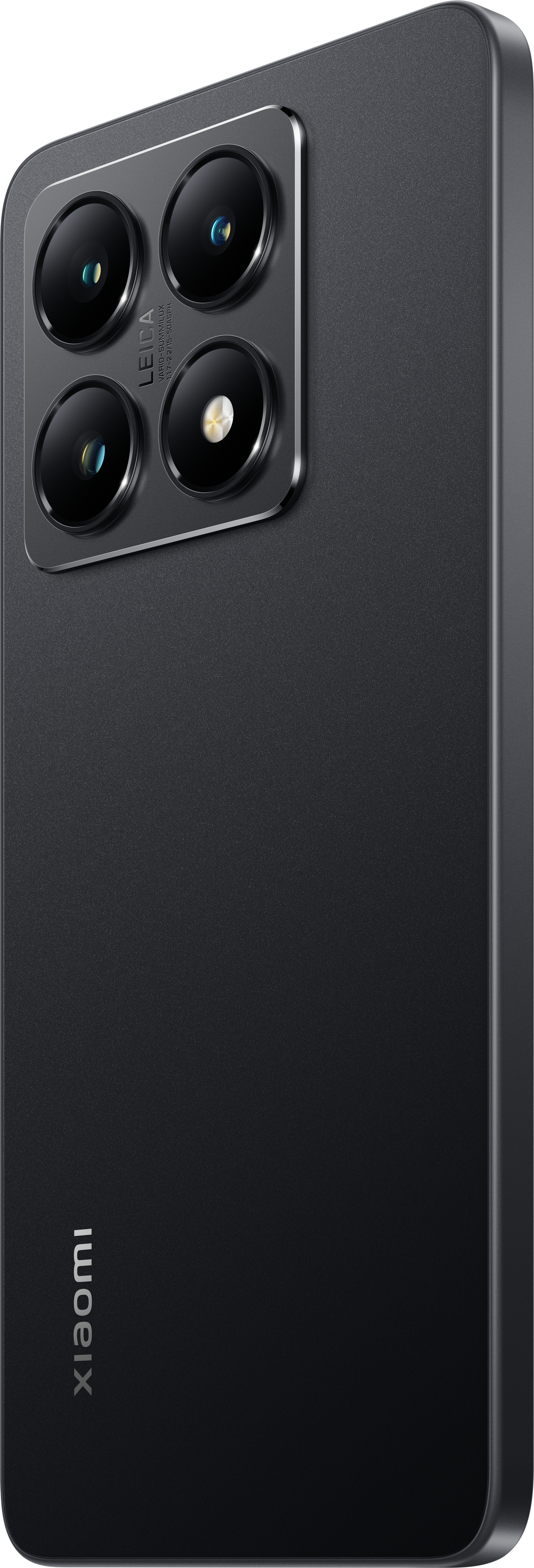 Schwarzes Smartphone mit vier Leica-Objektiven, schwarze strukturierte Oberfläche, Xiaomi-Logo.