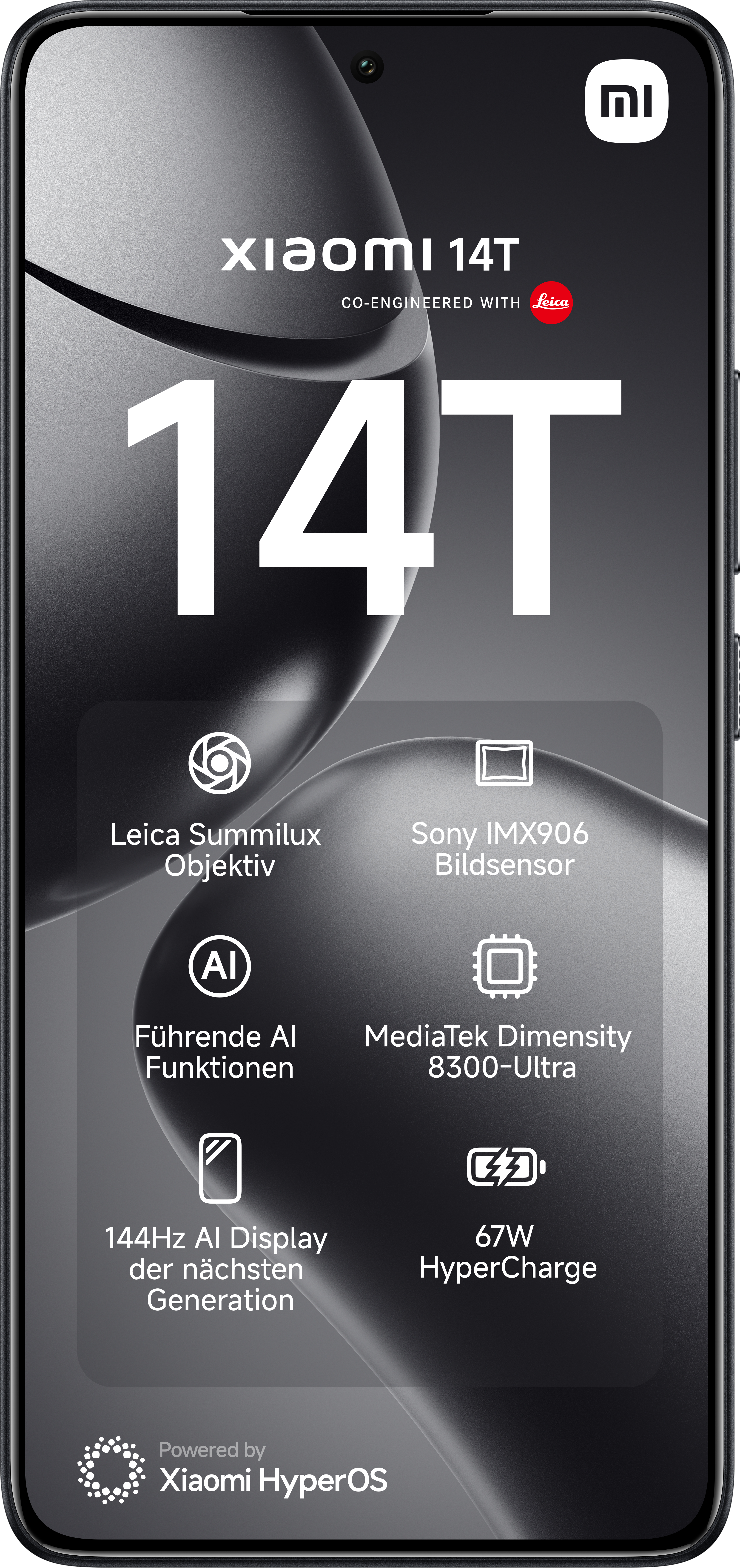 Smartphone mit hervorgehobenen Merkmalen: Leica-Objektiv, Sony-Sensor, KI-Funktionen, 144Hz-Display, 67W.