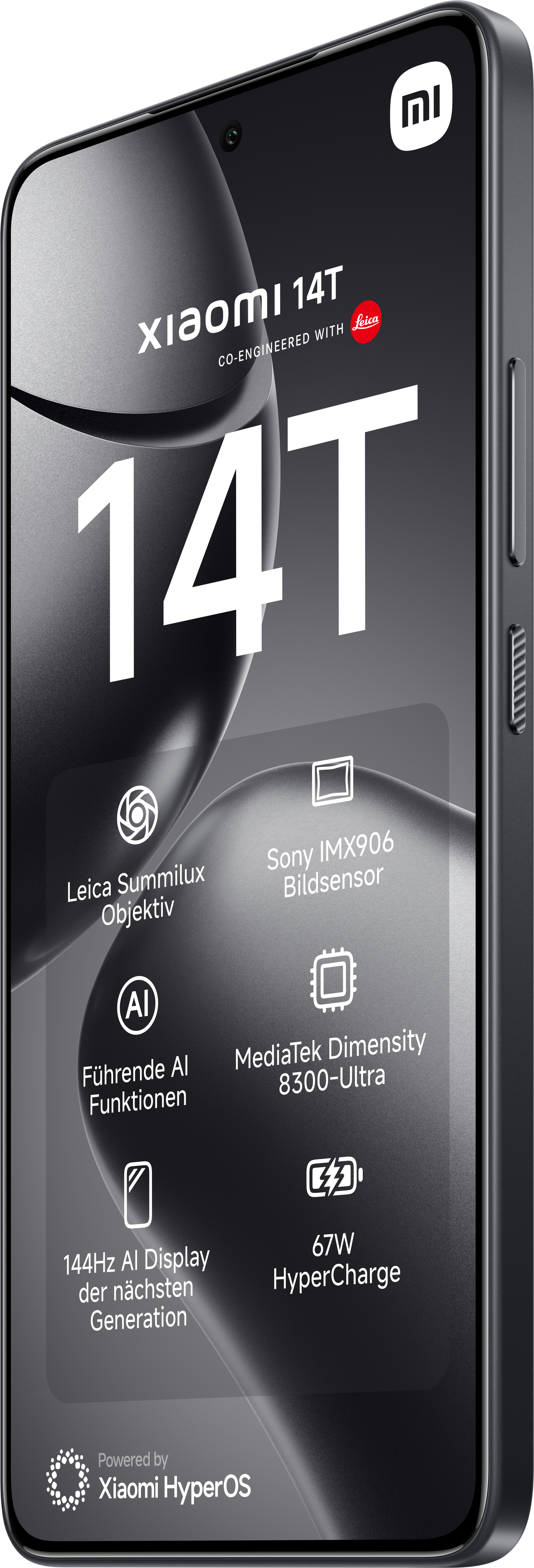 Schwarzes Smartphone mit Text über seine Funktionen, einschließlich Kamera-Spezifikationen, auf weißem Hintergrund.
