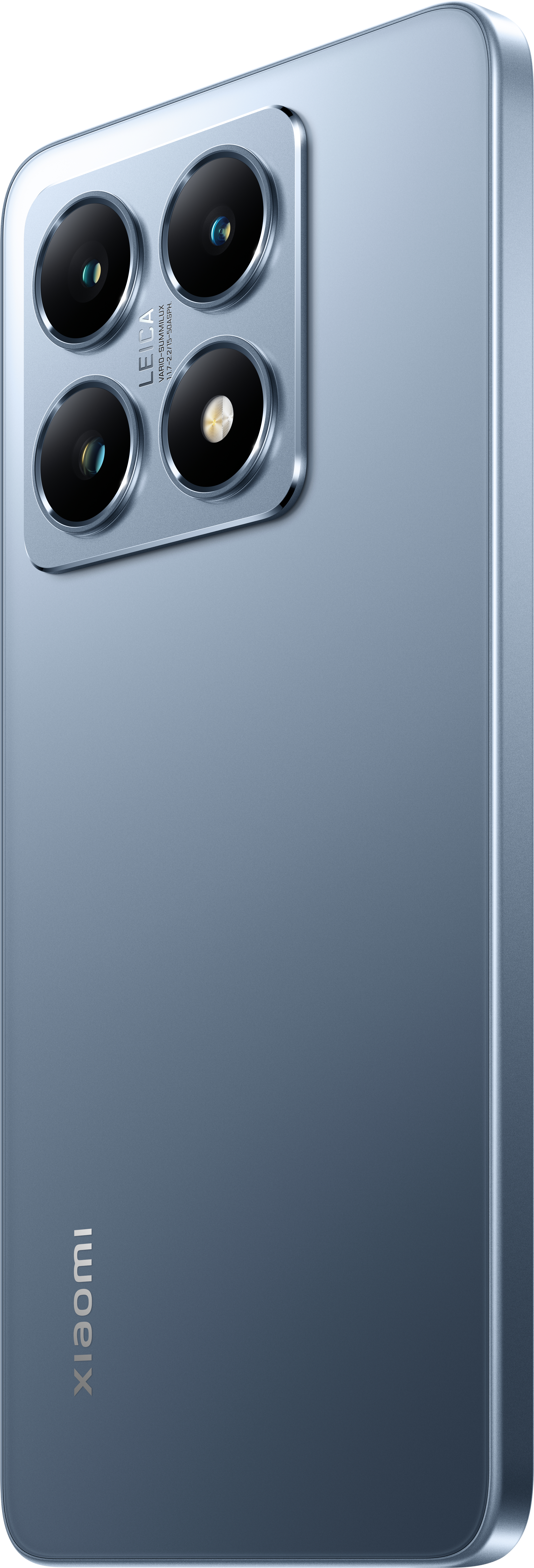 Hellblaues Xiaomi-Telefon, das seine Rückseite mit Kameras und Branding zeigt.