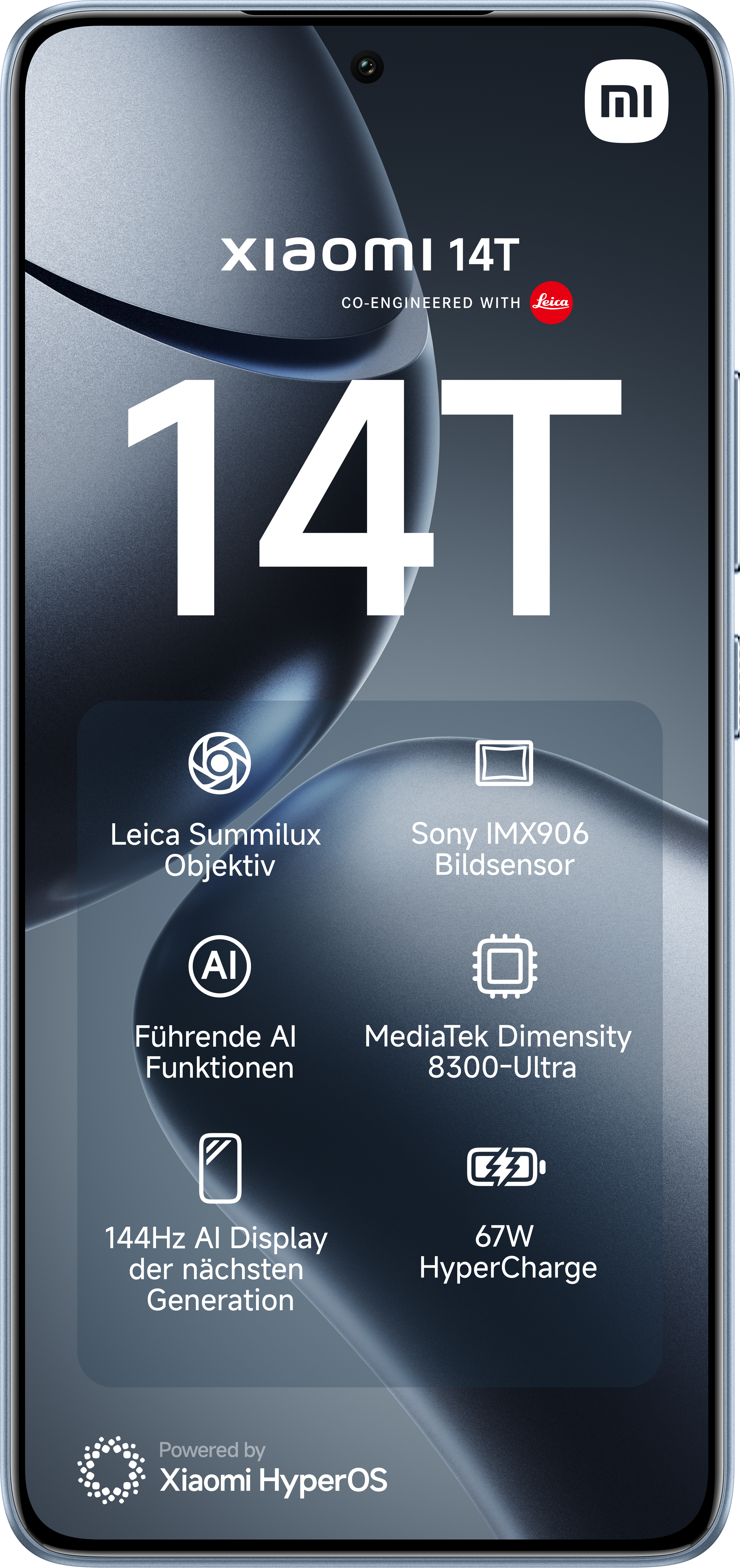 Xiaomi 14T Telefon mit hervorgehobenen Funktionen, Leica Summilux, Sony IMX906 Sensor und 144Hz Display.