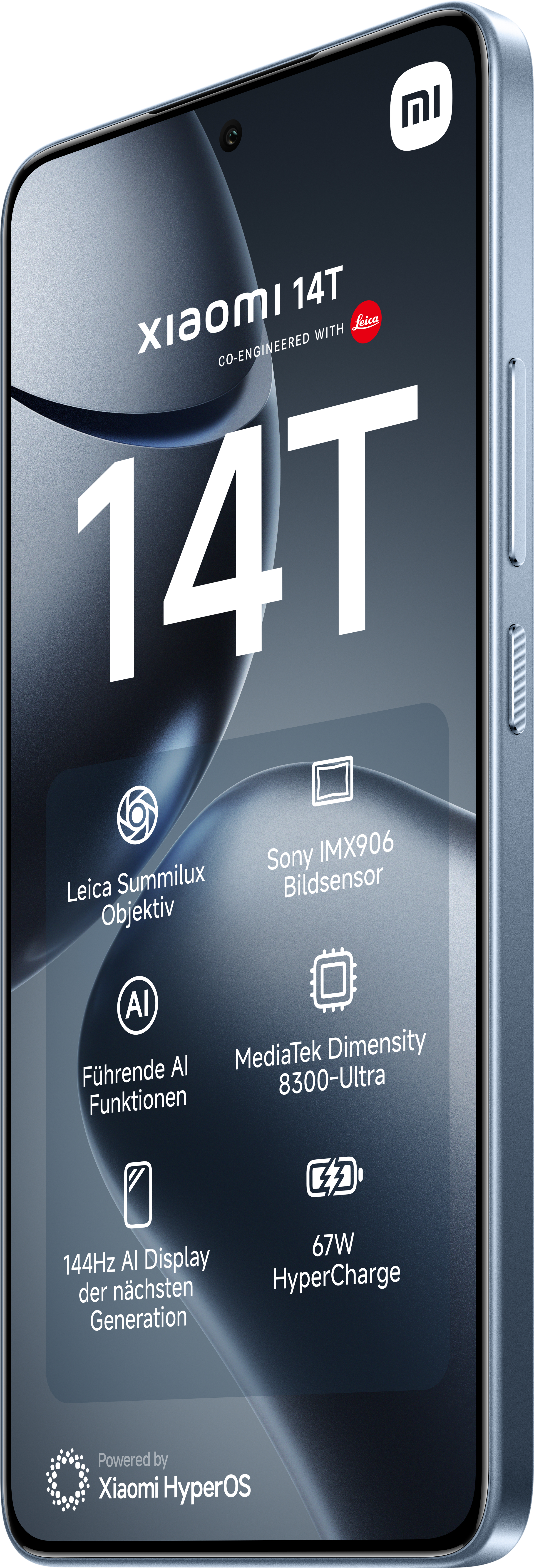 Xiaomi 14T Smartphone, schräge Ansicht, mit Funktionen und Details. Blaues Telefon.