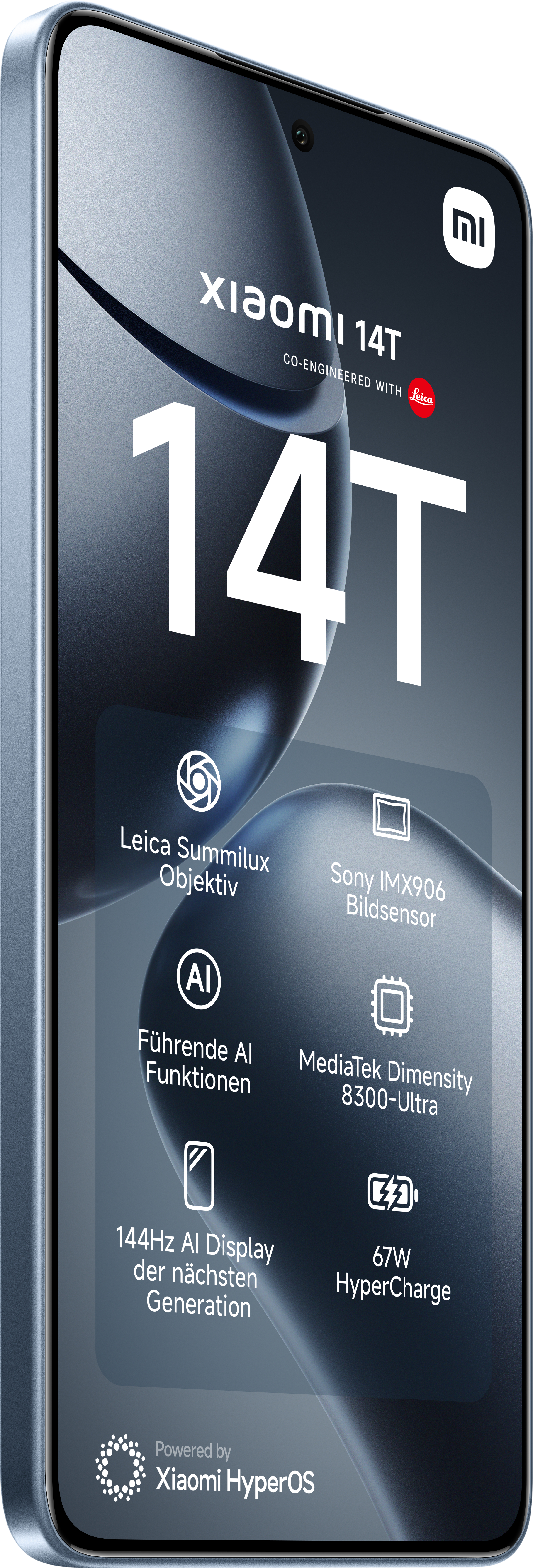 Schwarzes Telefon mit angeschlossenem Ladekabel. Blaues Licht strömt von innen.