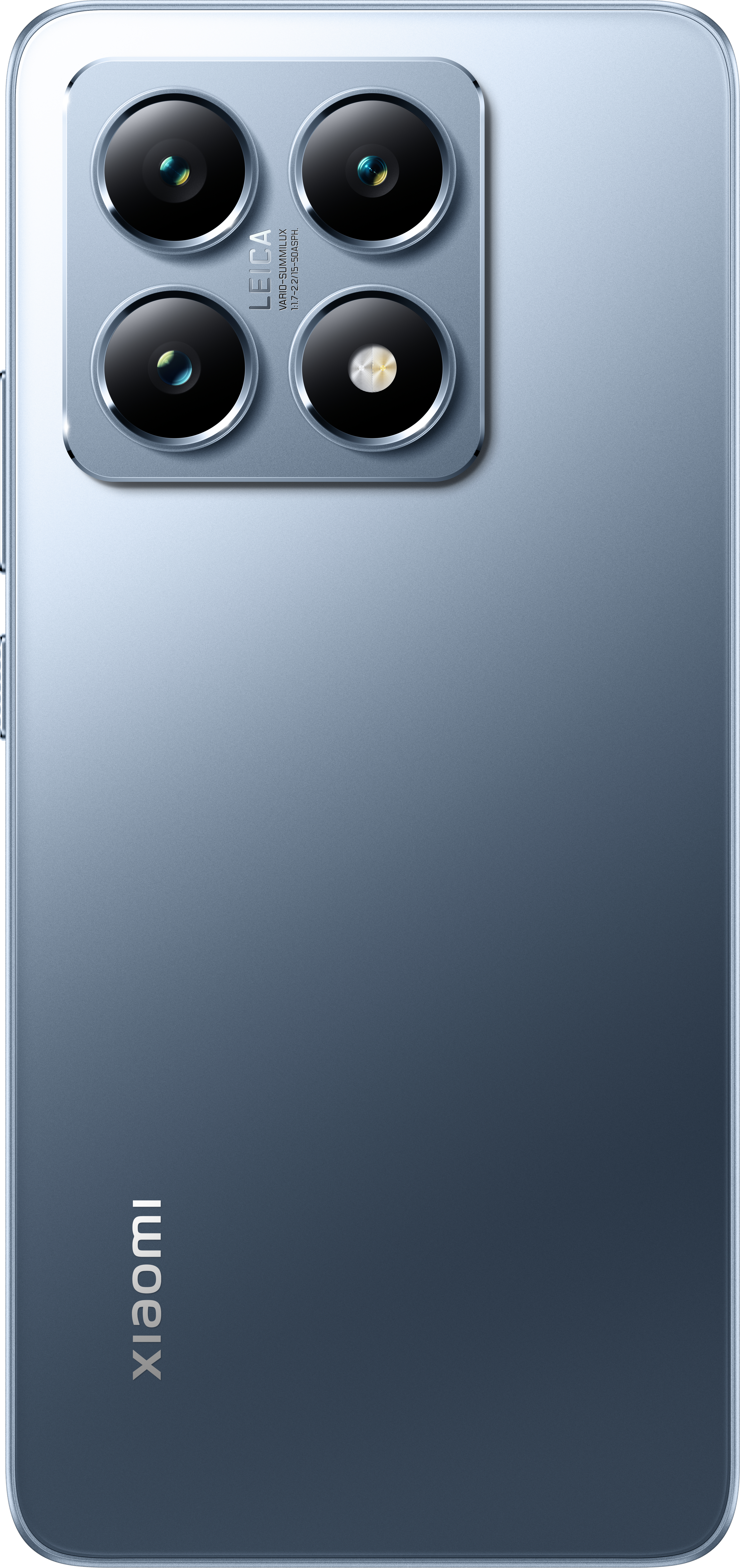 Rückseite eines blauen Telefons mit vier Kameralinsen, Leica-Branding und Xiaomi-Logo.