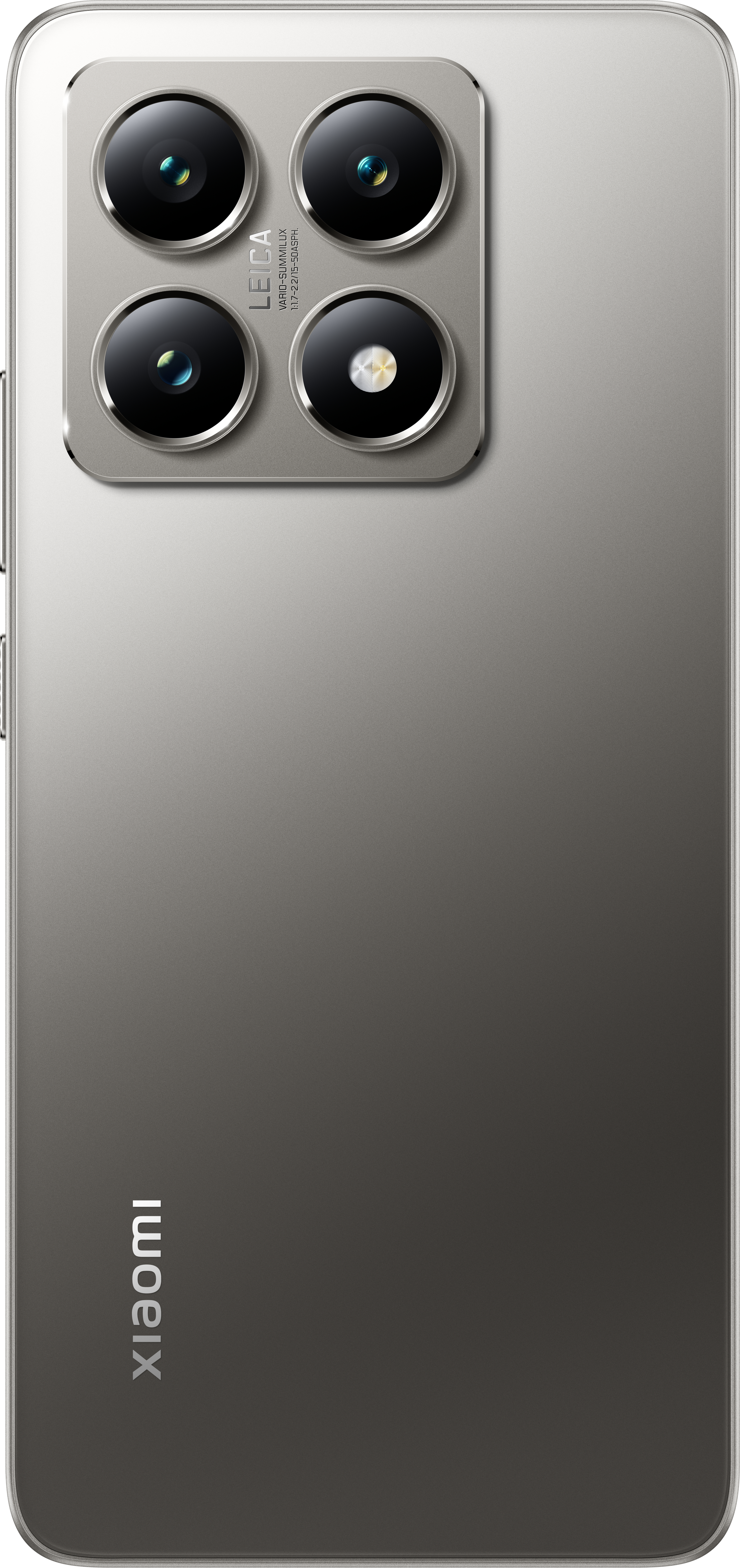Rückseite eines grauen Smartphones mit Leica-Kameralinsen und Xiaomi-Logo.