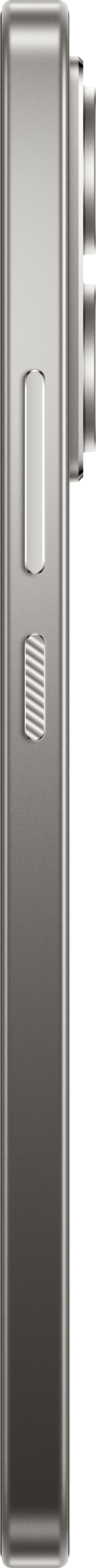 Smartphone Seitenansicht, silber, Tasten und Kameramodul sichtbar. Weißer Hintergrund.