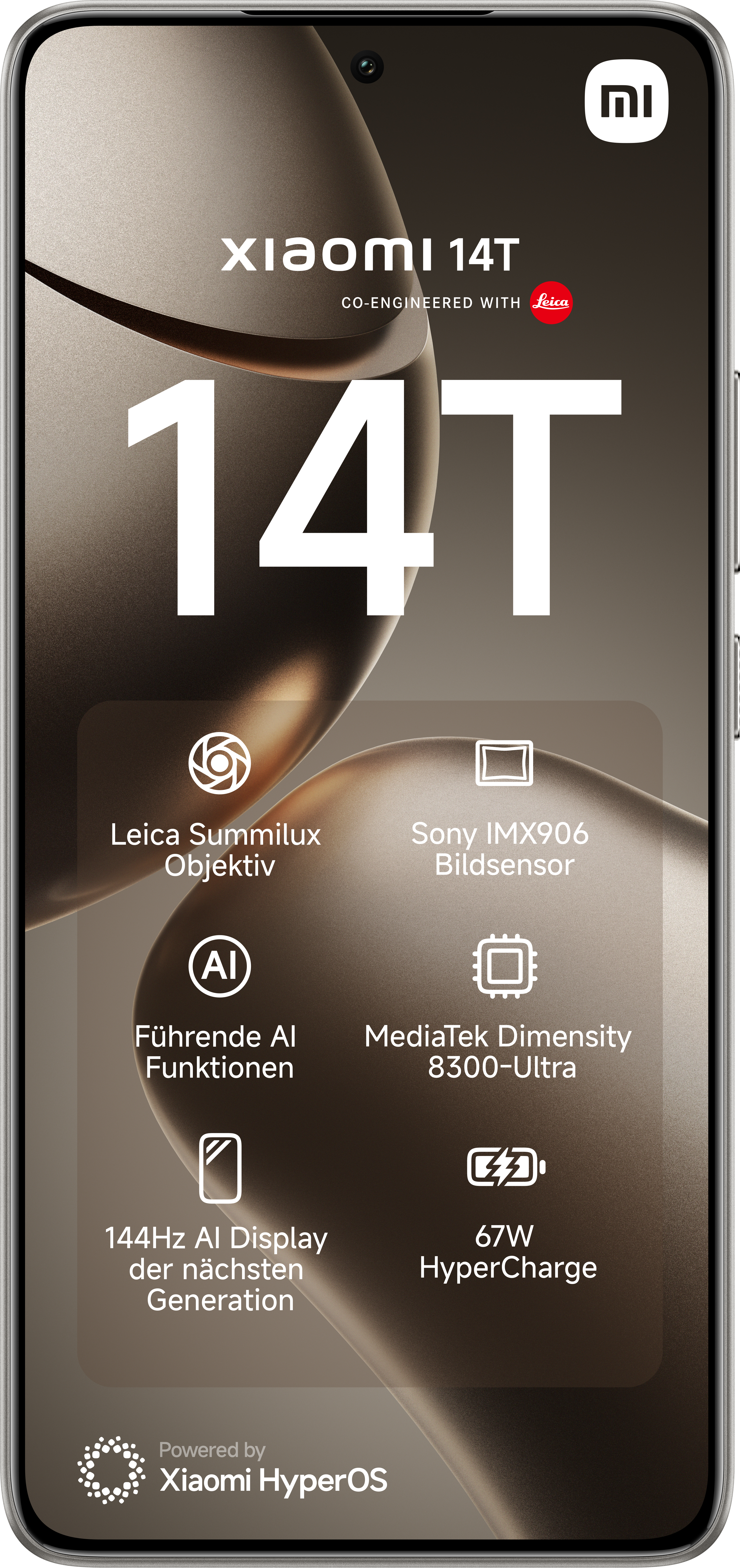 Smartphone mit großem Bildschirm, der Spezifikationen und das Leica-Logo anzeigt. Es hat eine Frontkamera.