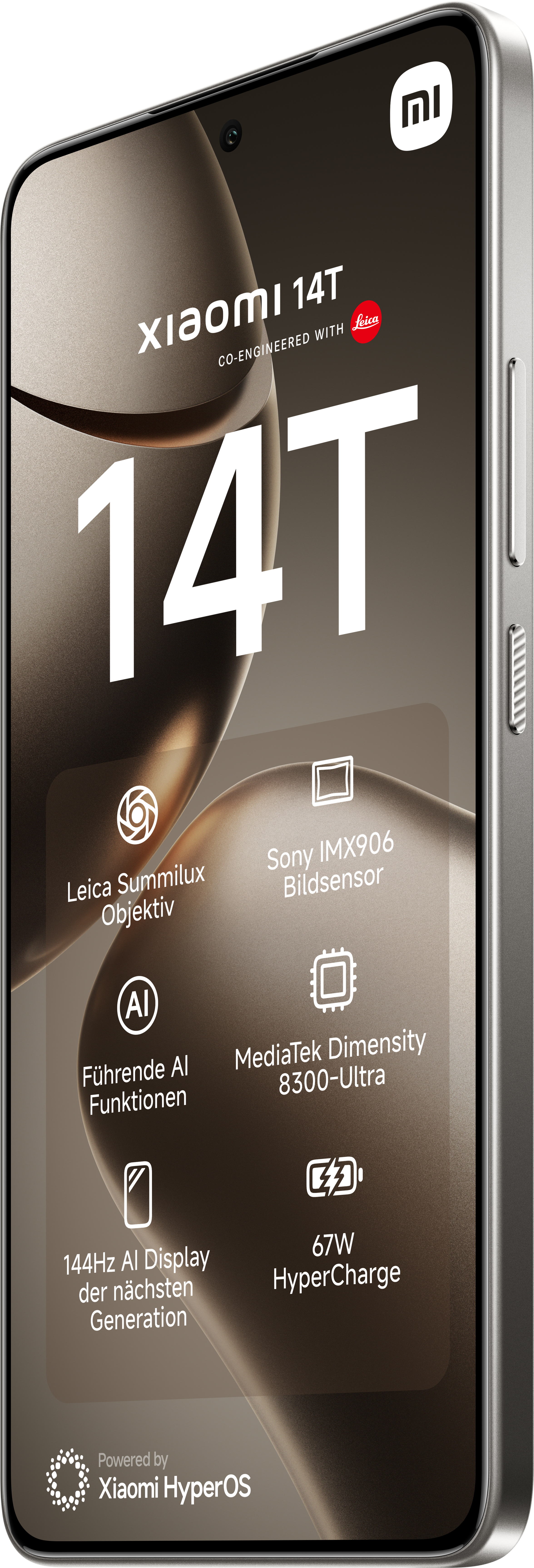 Ein Smartphone mit Text und Symbolen, die Funktionen detailliert beschreiben, schräge Ansicht.