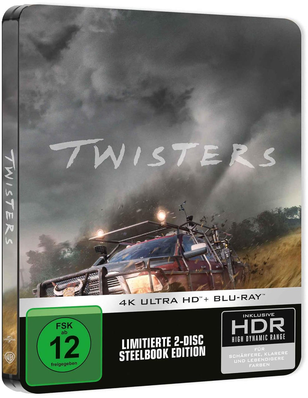 Eine Blu-ray-Hülle für 'Twisters' mit einem Auto in einem Sturm. Das Cover hat eine Bewertung.
