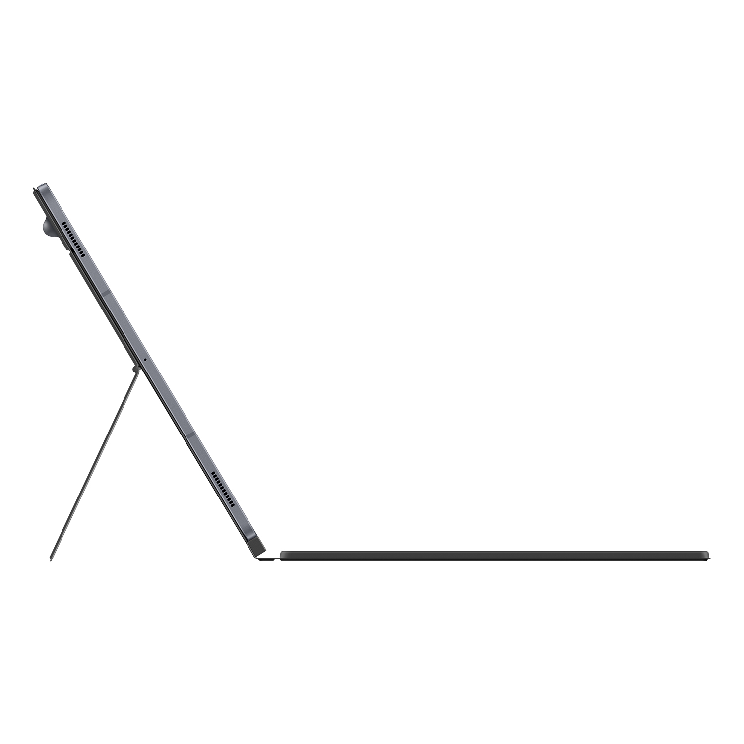Una tableta oscura con soporte y teclado, vista de lado.