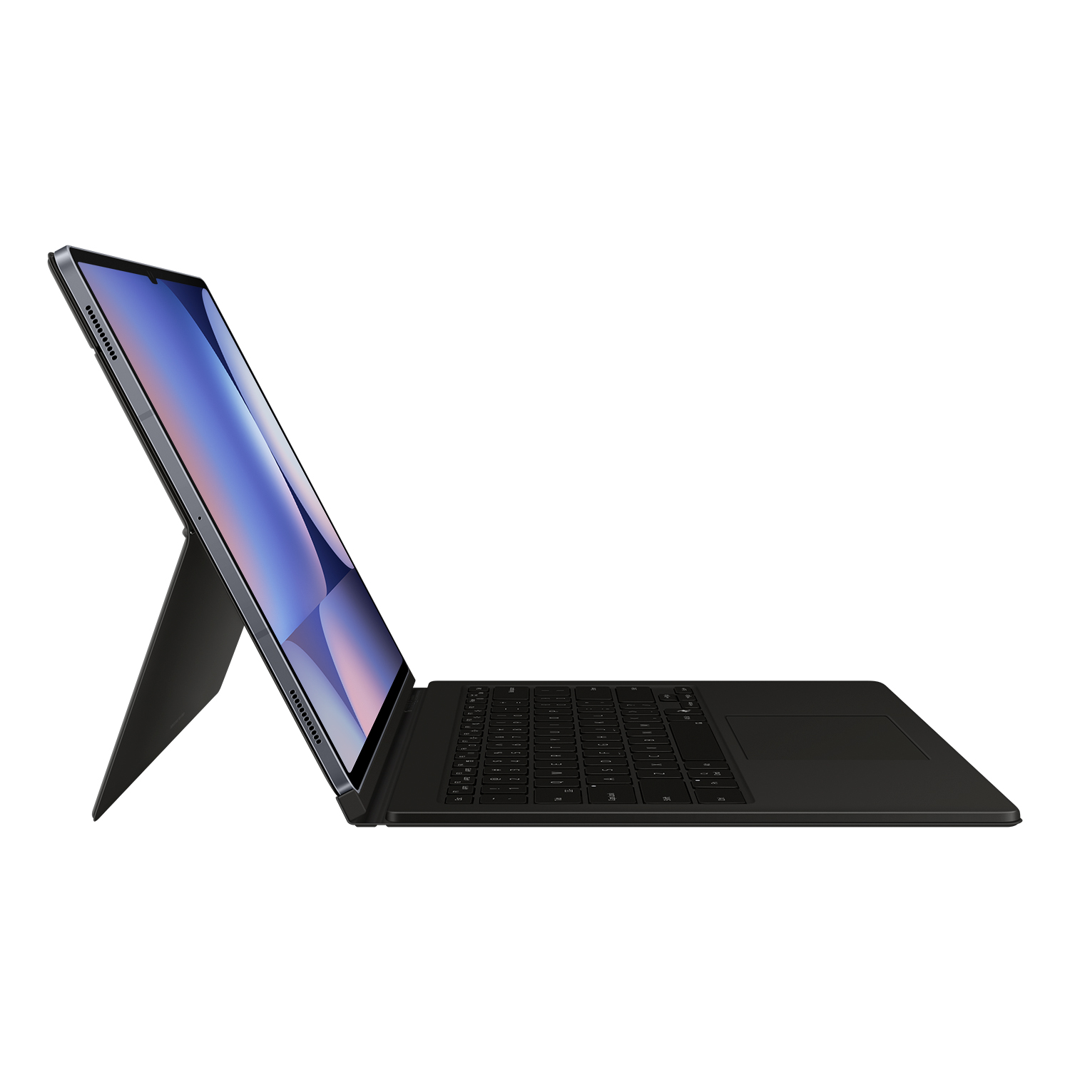 Una tableta negra con teclado y soporte. La pantalla muestra un patrón abstracto.